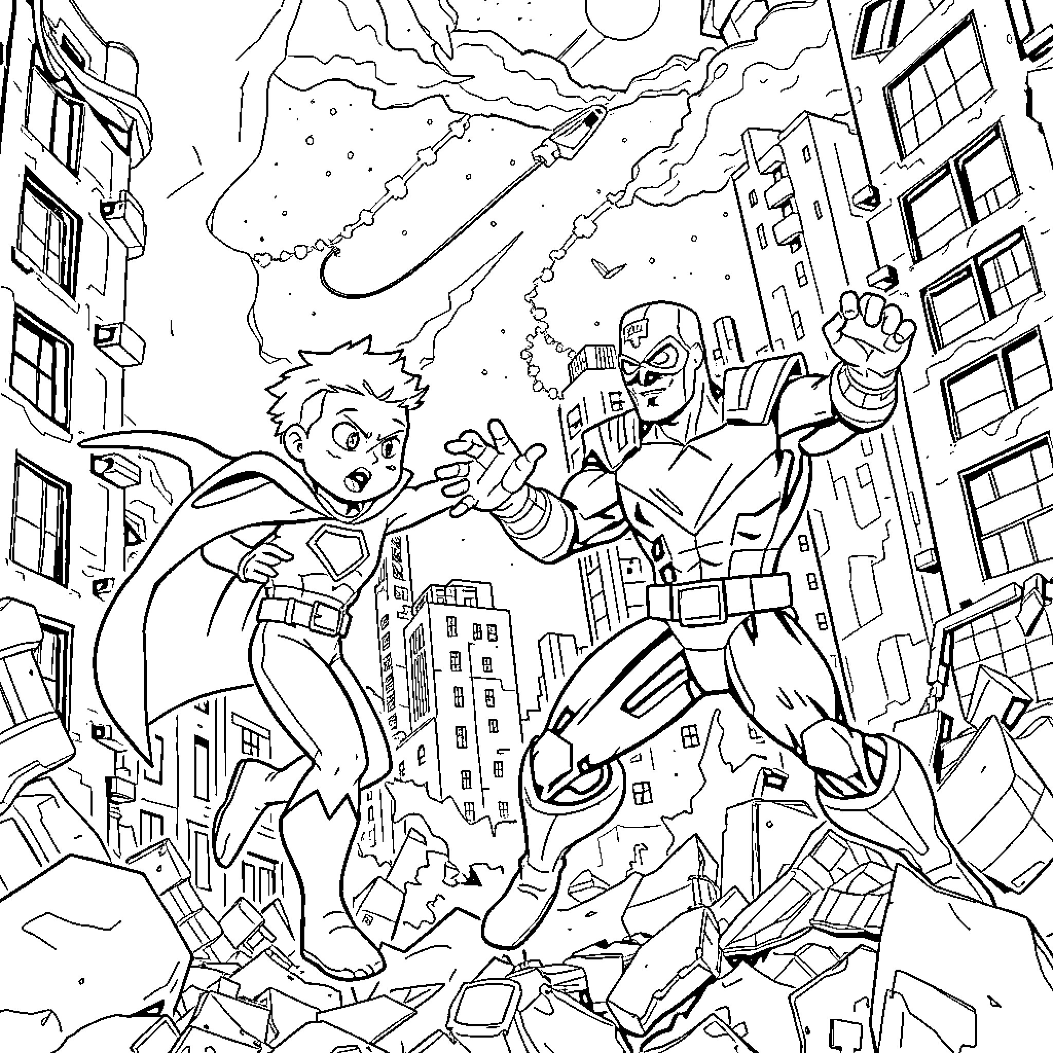 Kid Danger battling a supervillain in the city Coloring Page (free black-and-white line drawing printable PDF for all, from beginners to advanced learners, including children, teens, adults, and seniors)