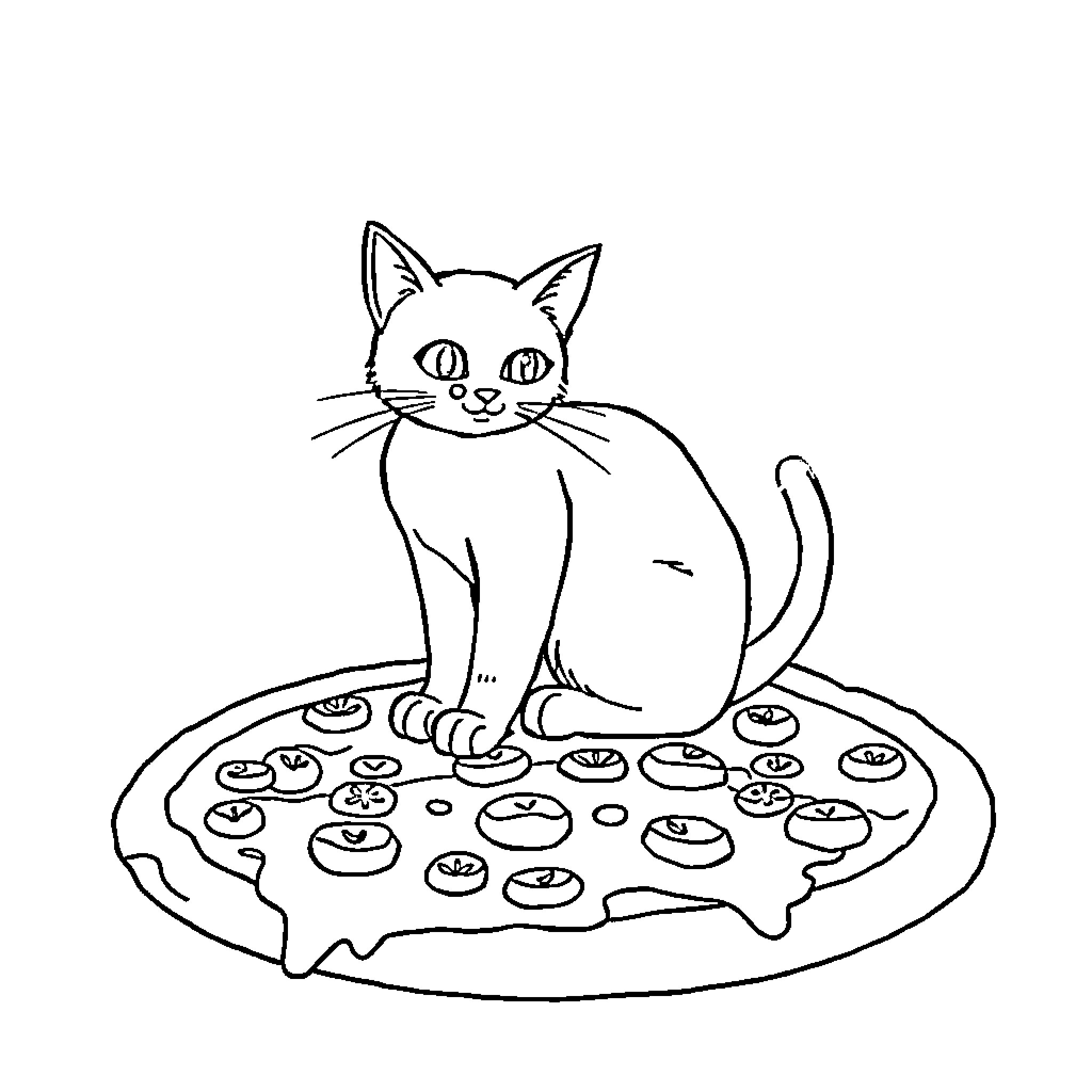 Cat sitting on a pizza slice Coloring Page (free black-and-white line drawing printable PDF for all, from beginners to advanced learners, including children, teens, adults, and seniors)
