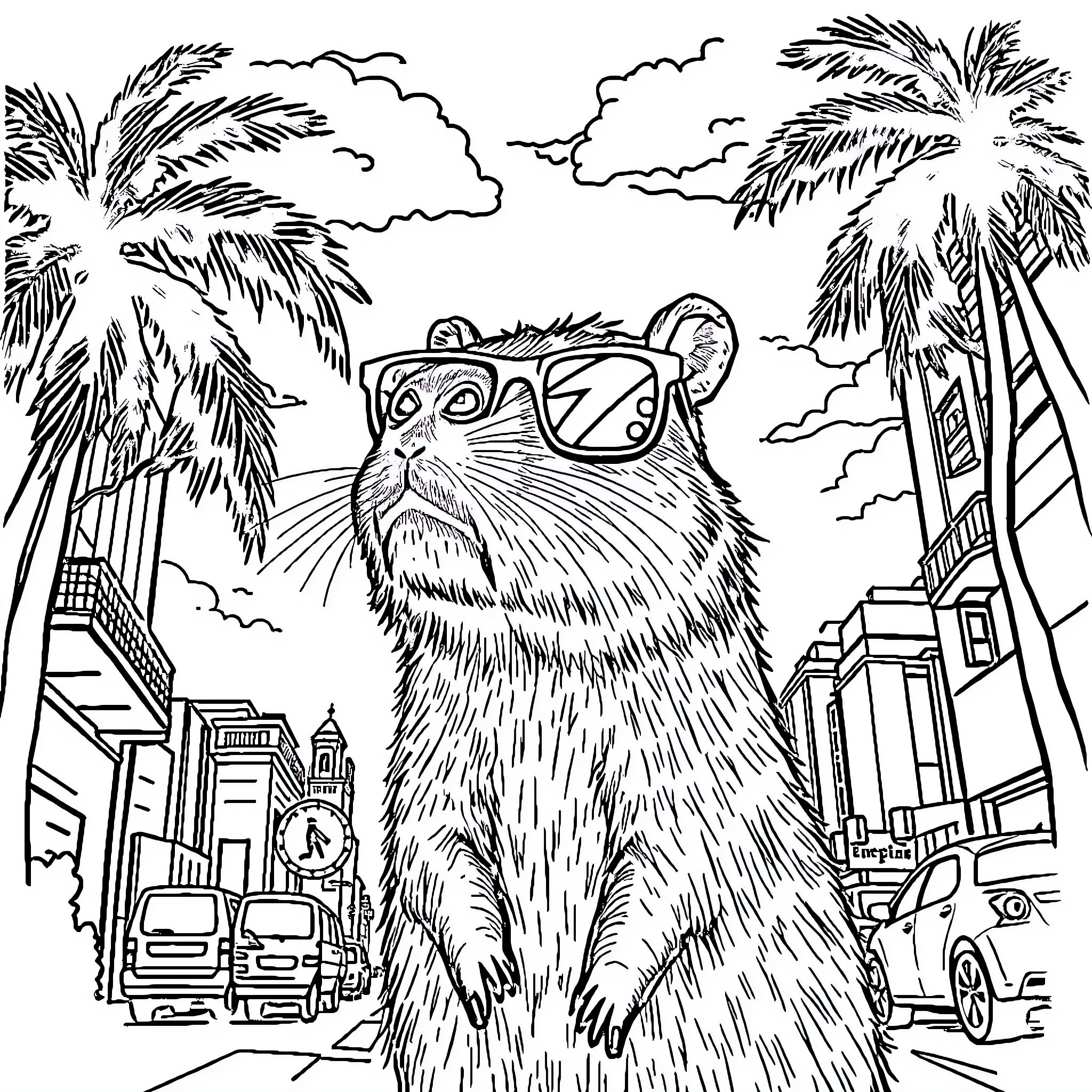Capybara exploring the lively urban landscape Coloring Page (free black-and-white line drawing printable PDF for all, from beginners to advanced learners, including children, teens, adults, and seniors)