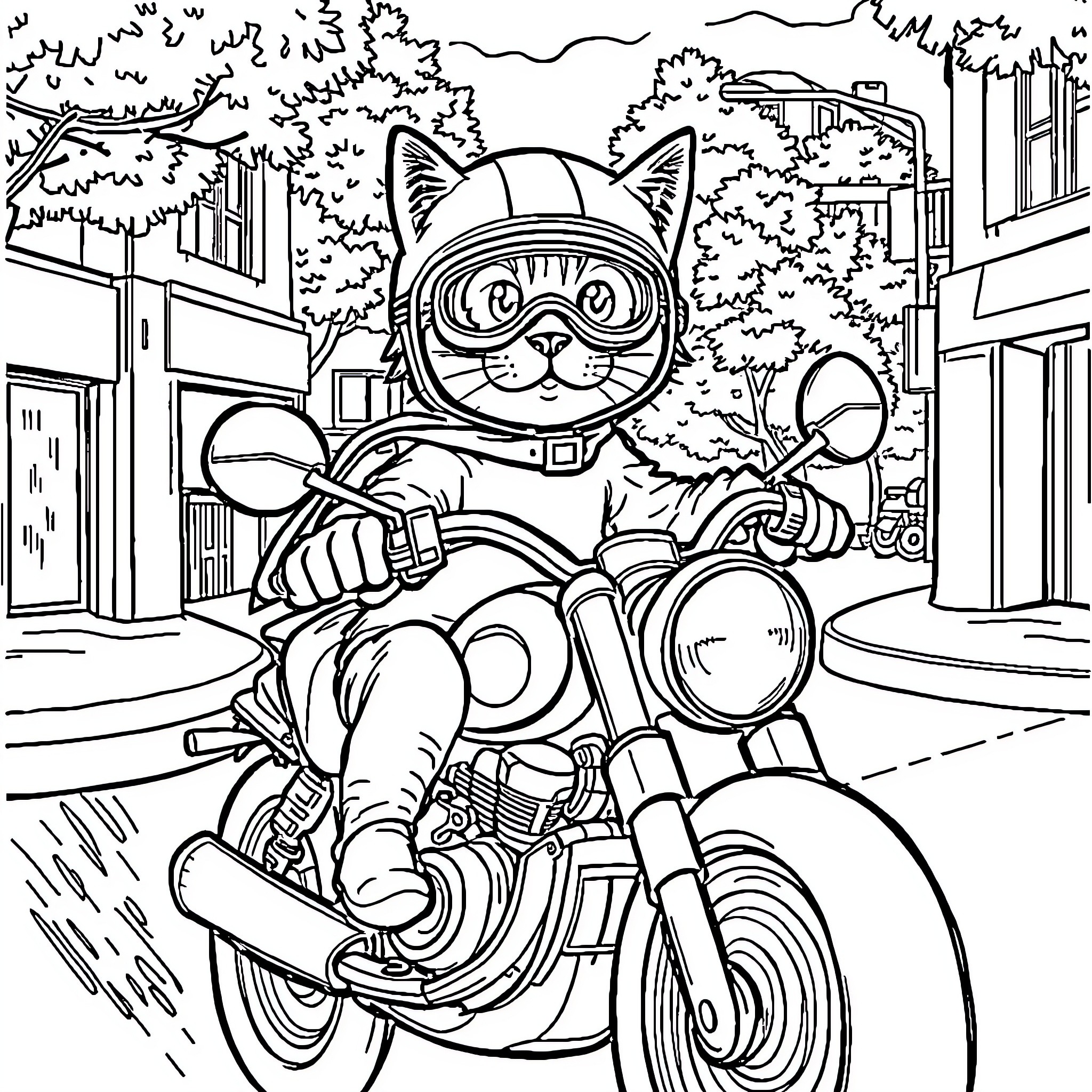 Cat Riding Motorcycle in Cityscape Coloring Page (free black-and-white line drawing printable PDF for all, from beginners to advanced learners, including children, teens, adults, and seniors)
