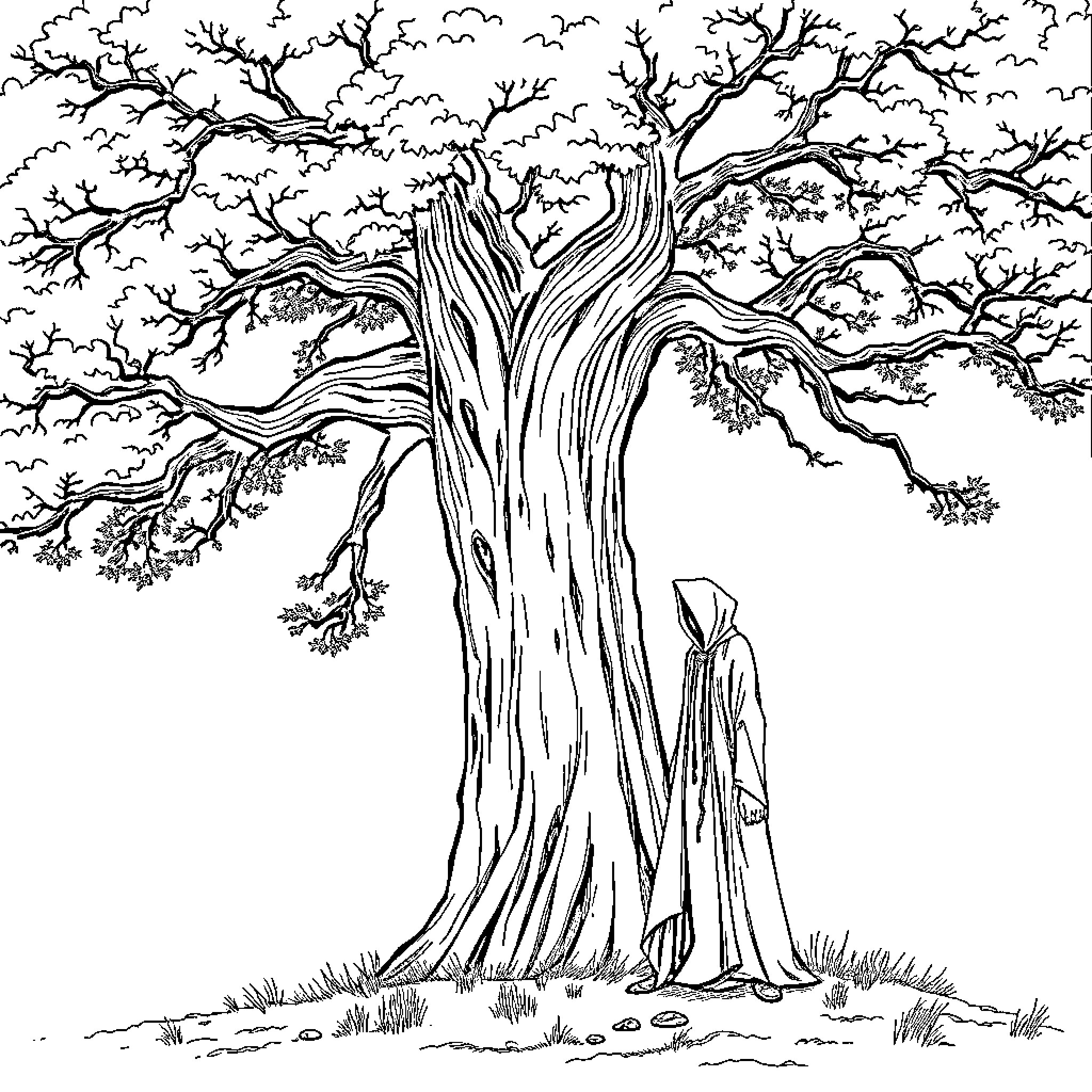Stech: Majestic Tree in Tranquil Landscape Coloring Page (free black-and-white line drawing printable PDF for all, from beginners to advanced learners, including children, teens, adults, and seniors)