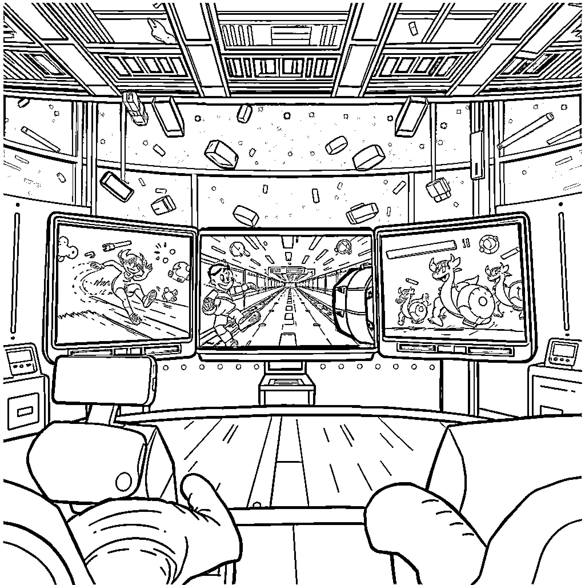 Video Game Sci-Fi Arcade with Cosmic Visuals Coloring Page (free black-and-white line drawing printable PDF for all, from beginners to advanced learners, including children, teens, adults, and seniors)