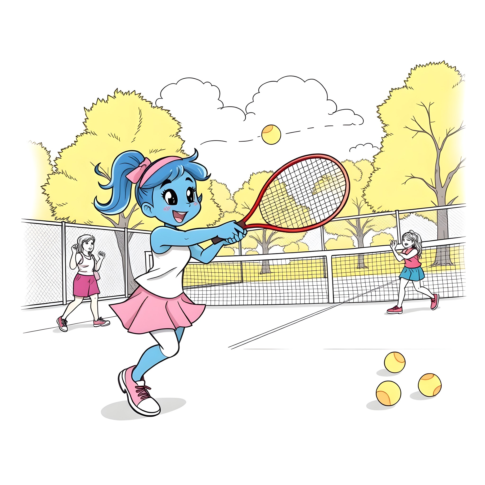 Bluey playing tennis with friends on the court Coloring Page (free black-and-white line drawing printable PDF for all, from beginners to advanced learners, including children, teens, adults, and seniors)