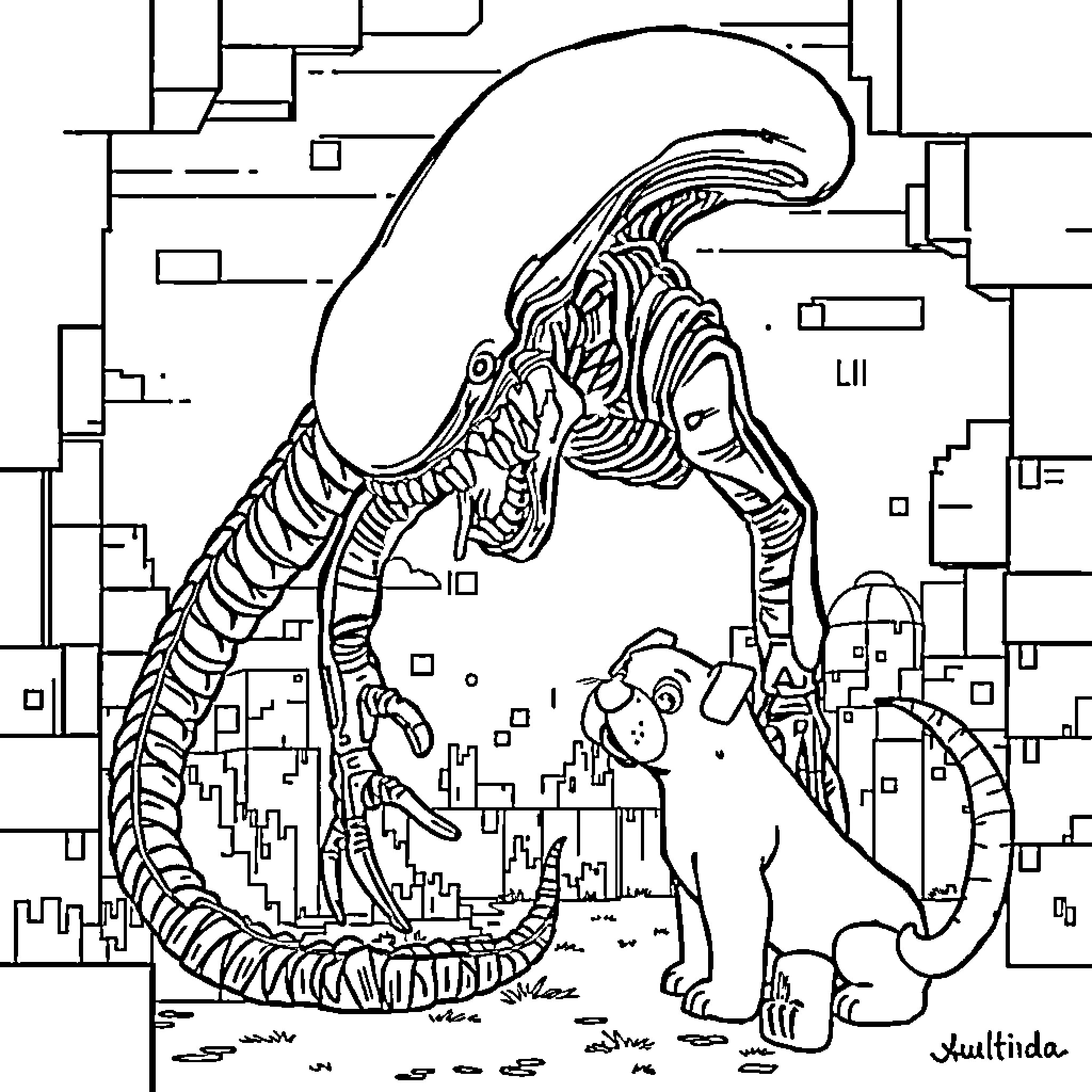 Xenomorph Hunting a Canine Companion in the City Coloring Page (free black-and-white line drawing printable PDF for all, from beginners to advanced learners, including children, teens, adults, and seniors)