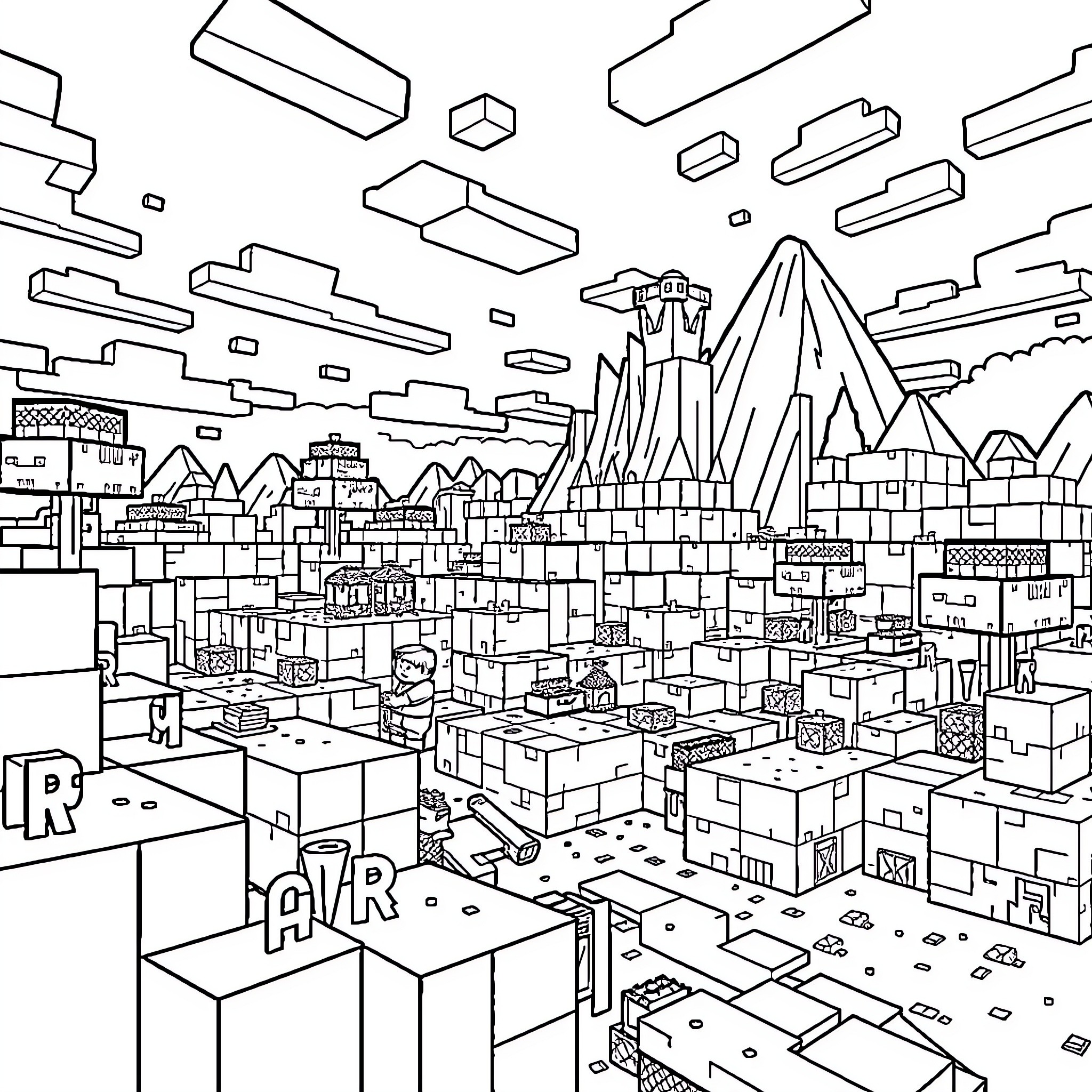 Minecraft world with buildings, mountains, and floating blocks Coloring Page (free black-and-white line drawing printable PDF for all, from beginners to advanced learners, including children, teens, adults, and seniors)