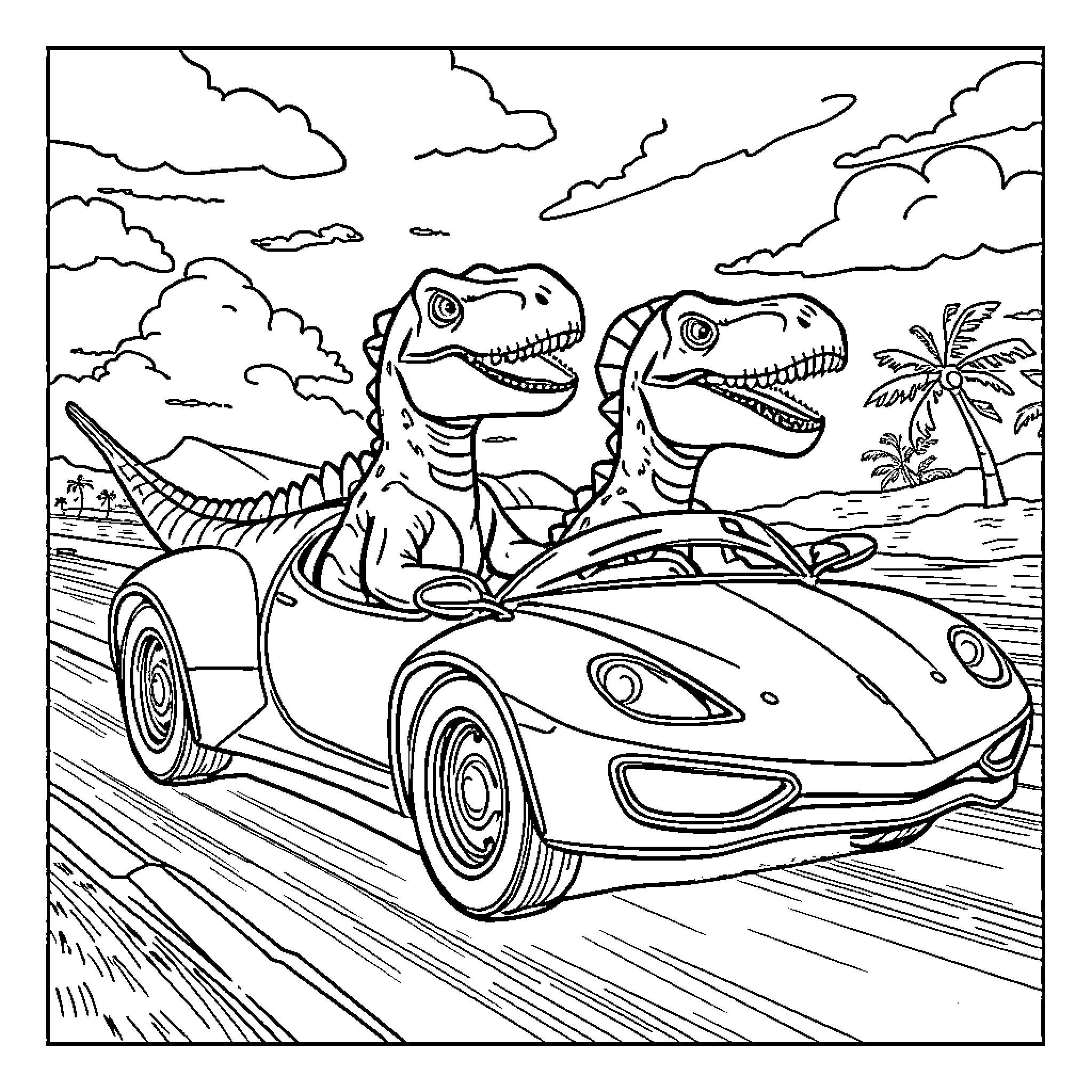 Dinosaur racers enjoying a tropical road trip Coloring Page (free black-and-white line drawing printable PDF for all, from beginners to advanced learners, including children, teens, adults, and seniors)