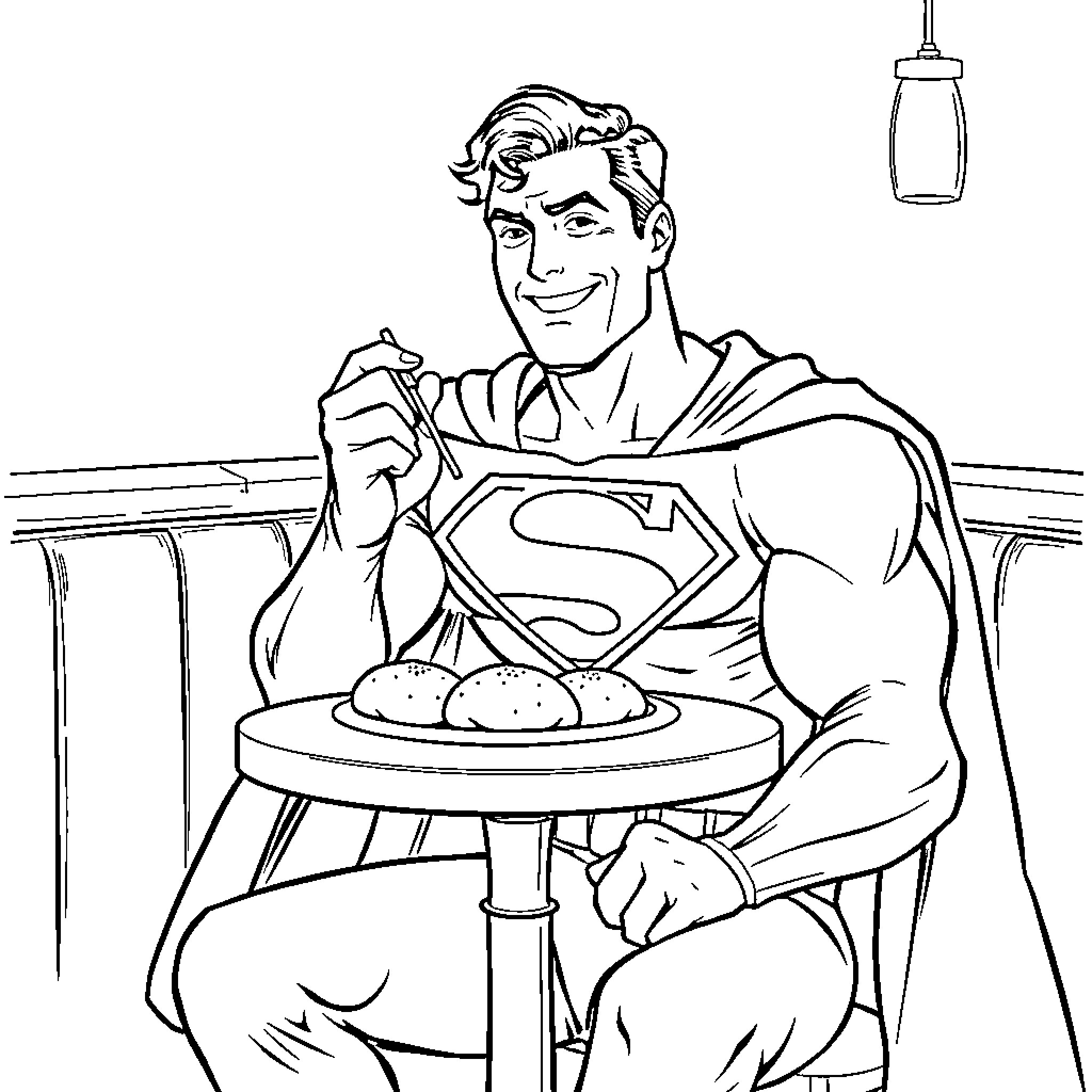 Superman Enjoying a Hearty Meal in His Costume Coloring Page (free black-and-white line drawing printable PDF for all, from beginners to advanced learners, including children, teens, adults, and seniors)