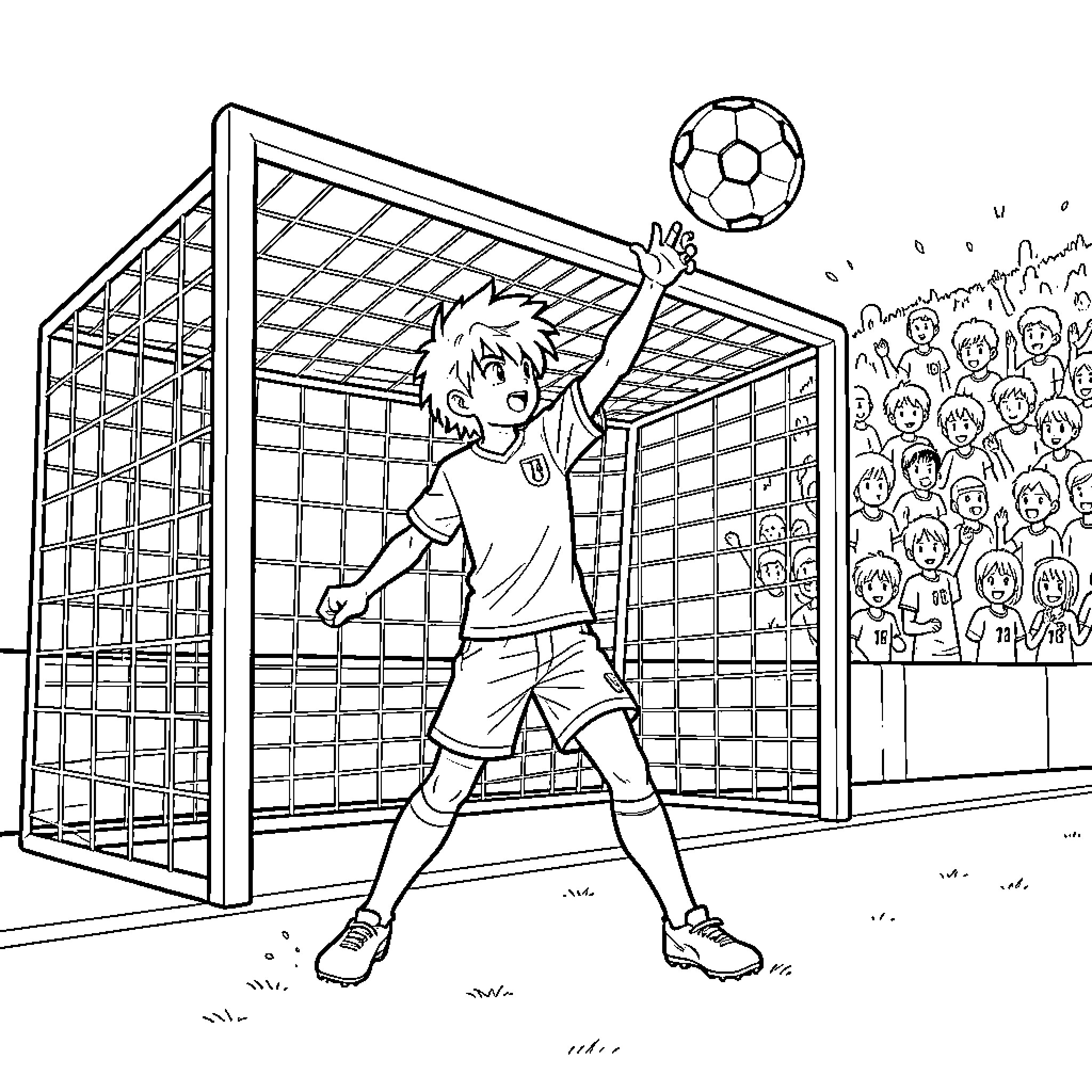 Zidane jumping to catch a soccer ball in front of a goal Coloring Page (free black-and-white line drawing printable PDF for all, from beginners to advanced learners, including children, teens, adults, and seniors)