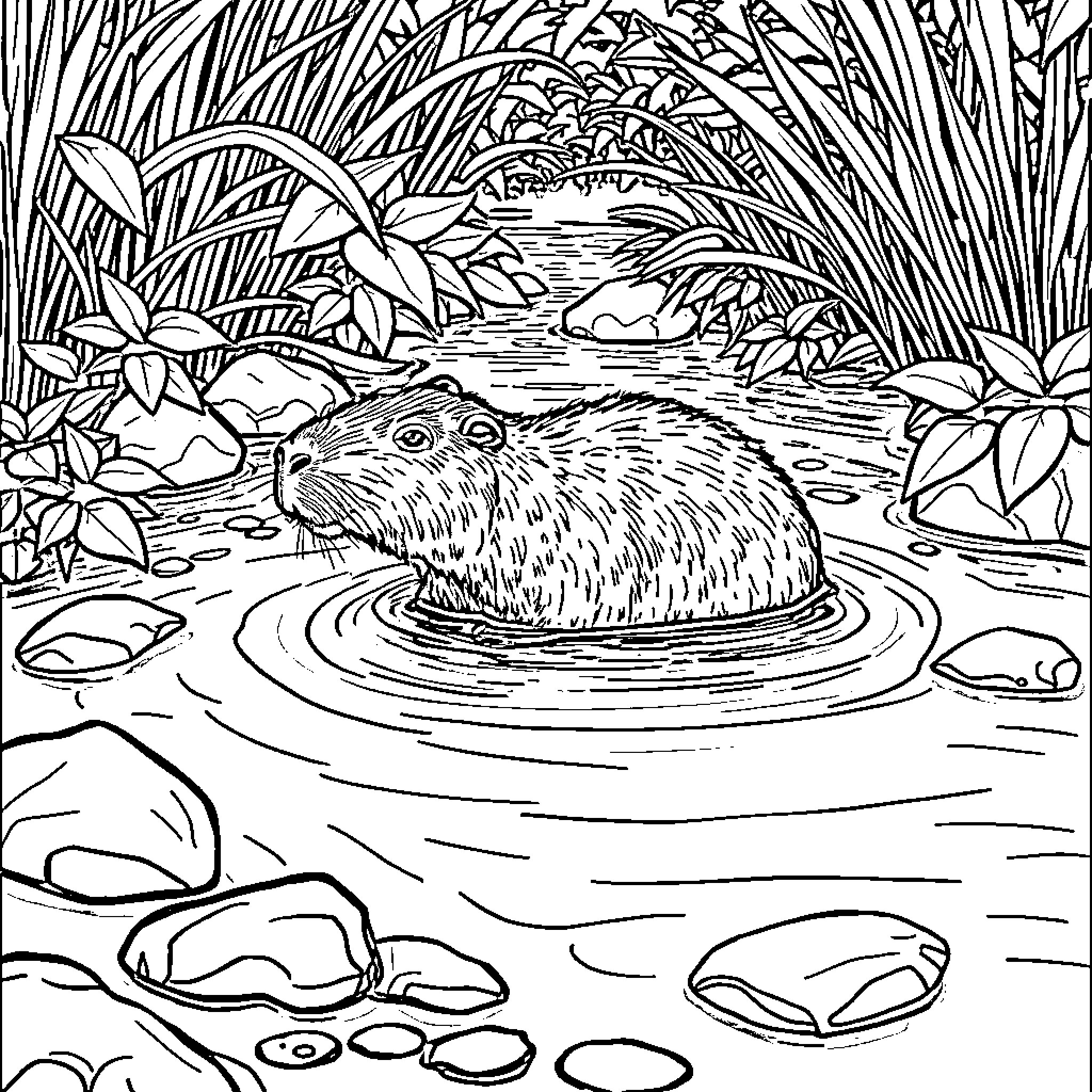 Capybara wading in a serene forest pond Coloring Page (free black-and-white line drawing printable PDF for all, from beginners to advanced learners, including children, teens, adults, and seniors)
