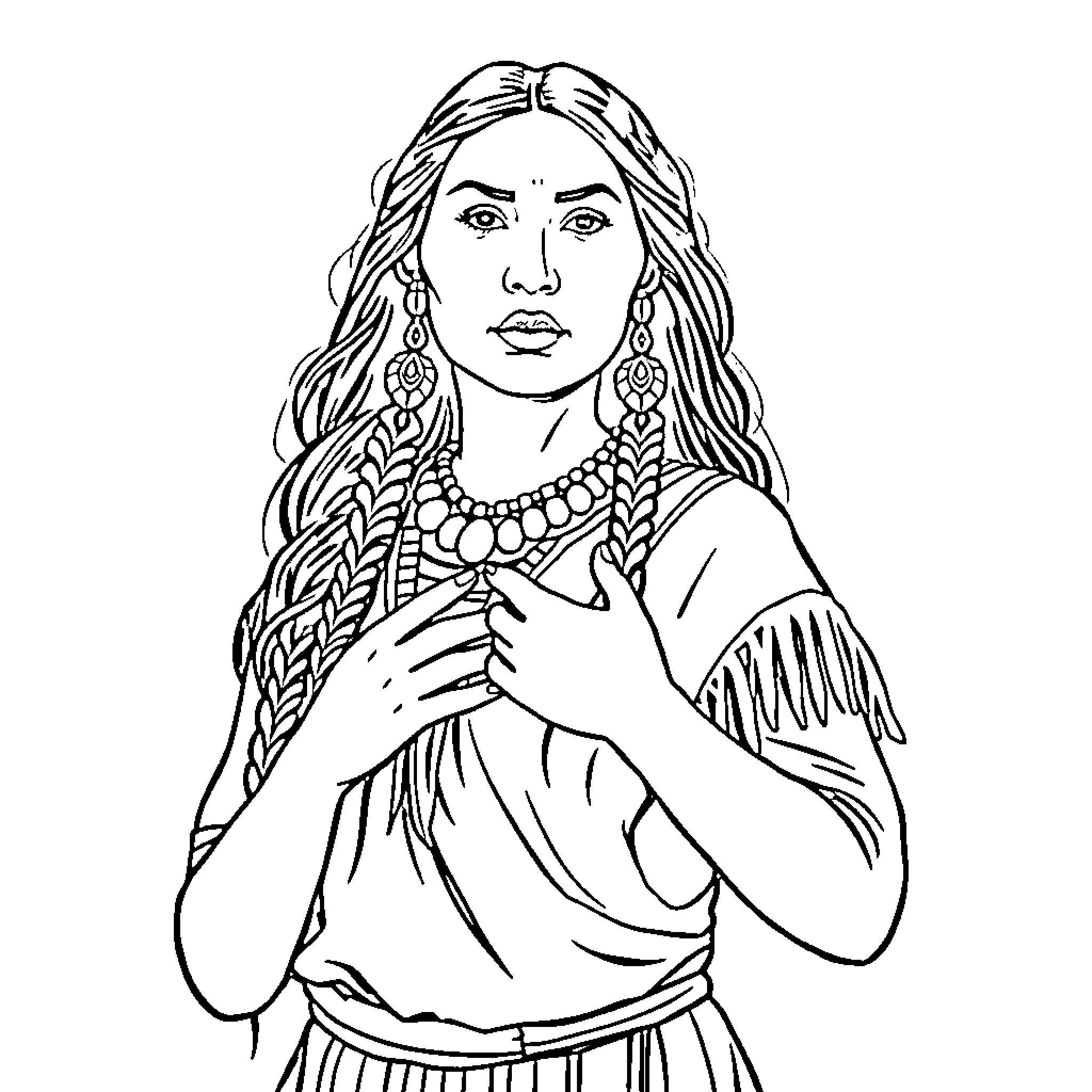 Native American Woman in Ceremonial Dress Coloring Page (free black-and-white line drawing printable PDF for all, from beginners to advanced learners, including children, teens, adults, and seniors)