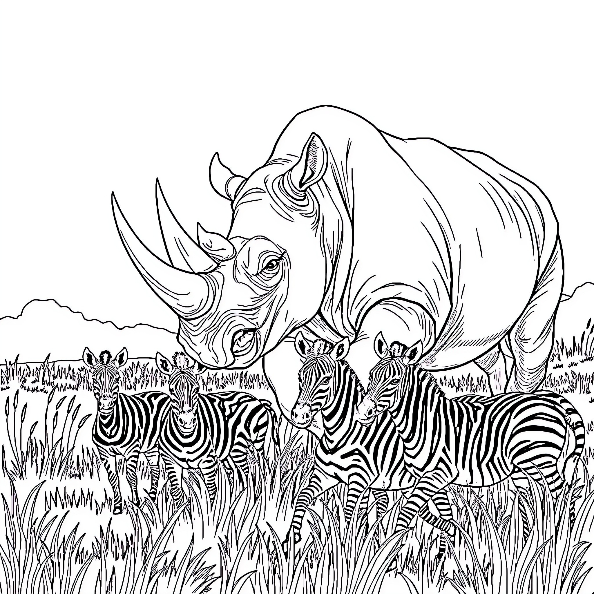 Rhino and Zebras in the Grasslands Coloring Page (free black-and-white line drawing printable PDF for all, from beginners to advanced learners, including children, teens, adults, and seniors)