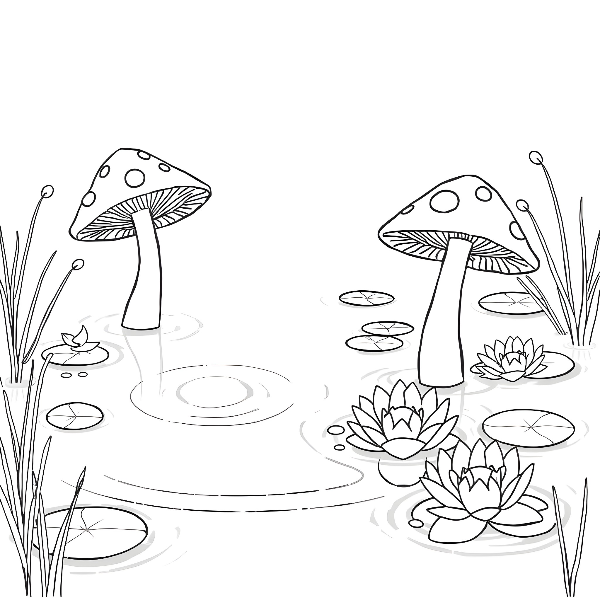 Mushroom Pond Scene with Lotus Flowers Coloring Page (free black-and-white line drawing printable PDF for all, from beginners to advanced learners, including children, teens, adults, and seniors)