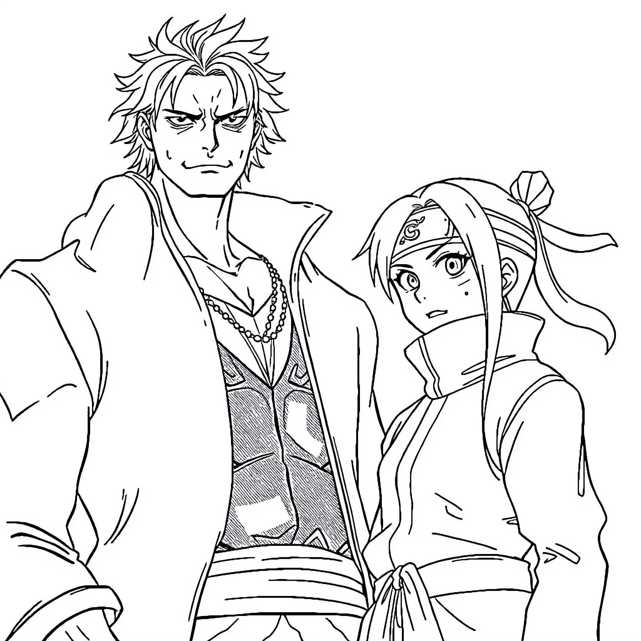 Shanks and female companion in intense discussion Coloring Page (free black-and-white line drawing printable PDF for all, from beginners to advanced learners, including children, teens, adults, and seniors)