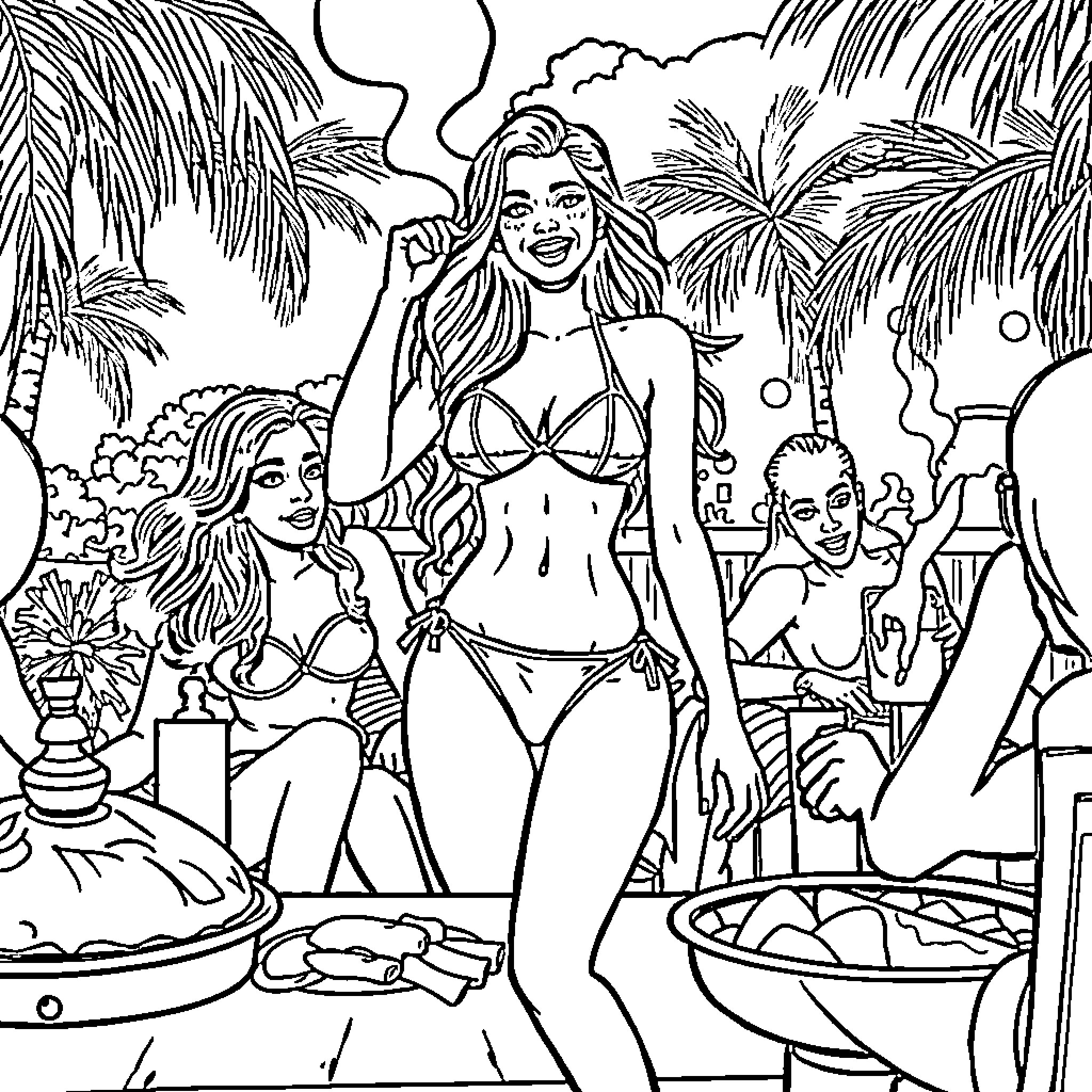 Bikini-clad women enjoying a tropical beach party Coloring Page (free black-and-white line drawing printable PDF for all, from beginners to advanced learners, including children, teens, adults, and seniors)