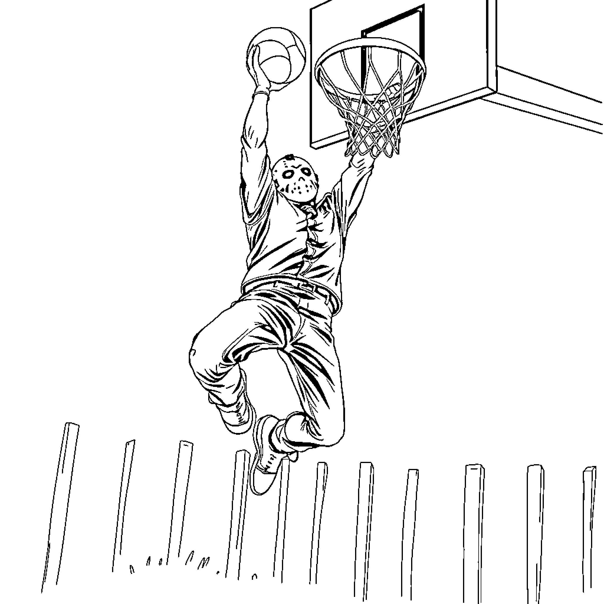 Jason Vorhees dunking the basketball through the hoop Coloring Page (free black-and-white line drawing printable PDF for all, from beginners to advanced learners, including children, teens, adults, and seniors)