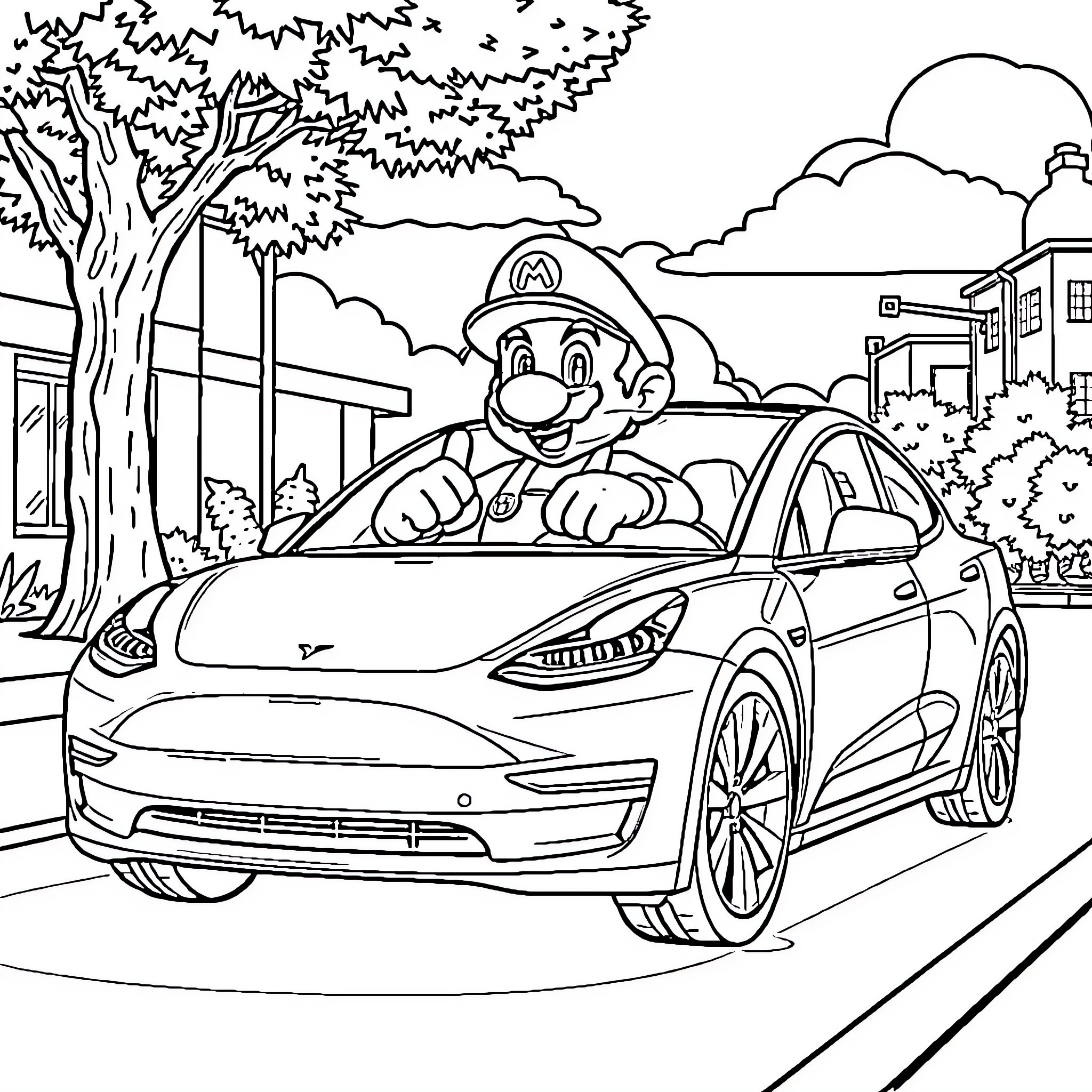 Mario's Exciting Drive in the City Coloring Page (free black-and-white line drawing printable PDF for all, from beginners to advanced learners, including children, teens, adults, and seniors)
