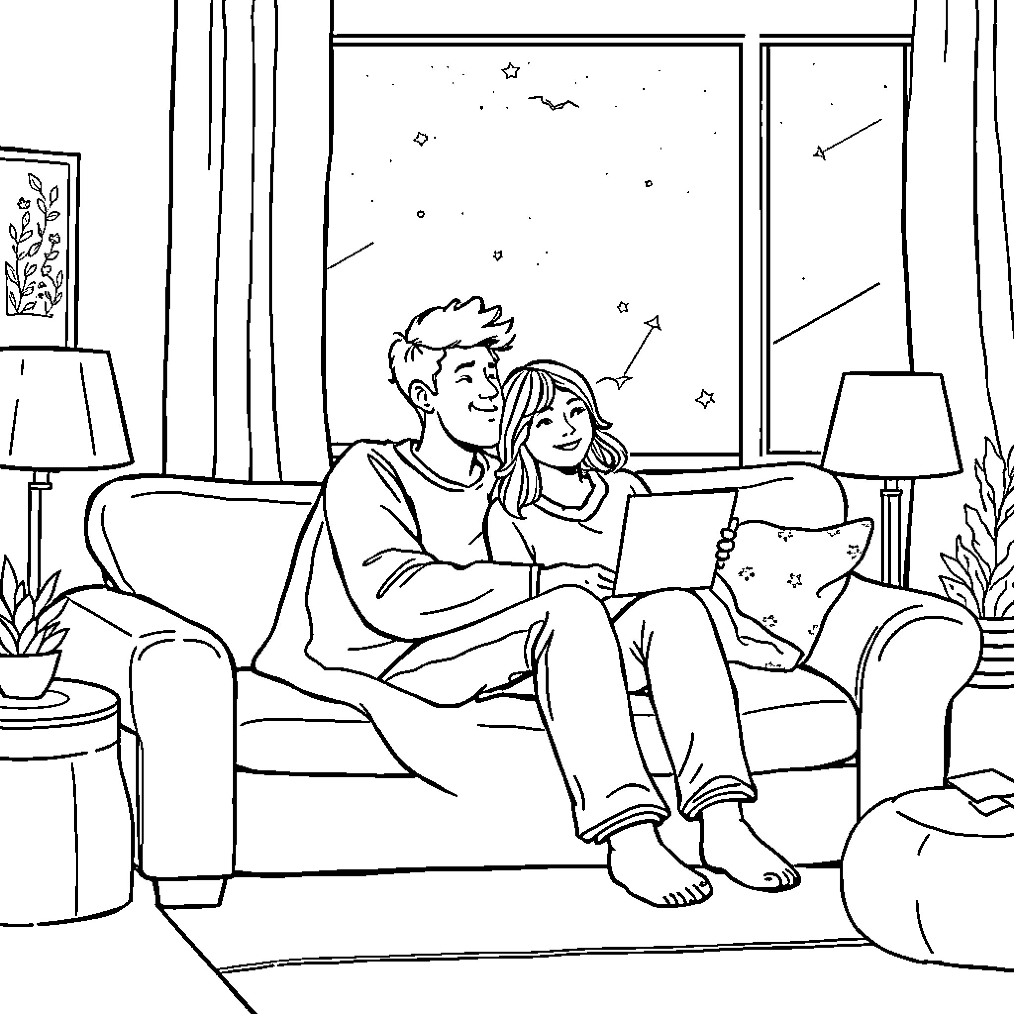 Couple enjoying a cozy evening at home Coloring Page (free black-and-white line drawing printable PDF for all, from beginners to advanced learners, including children, teens, adults, and seniors)