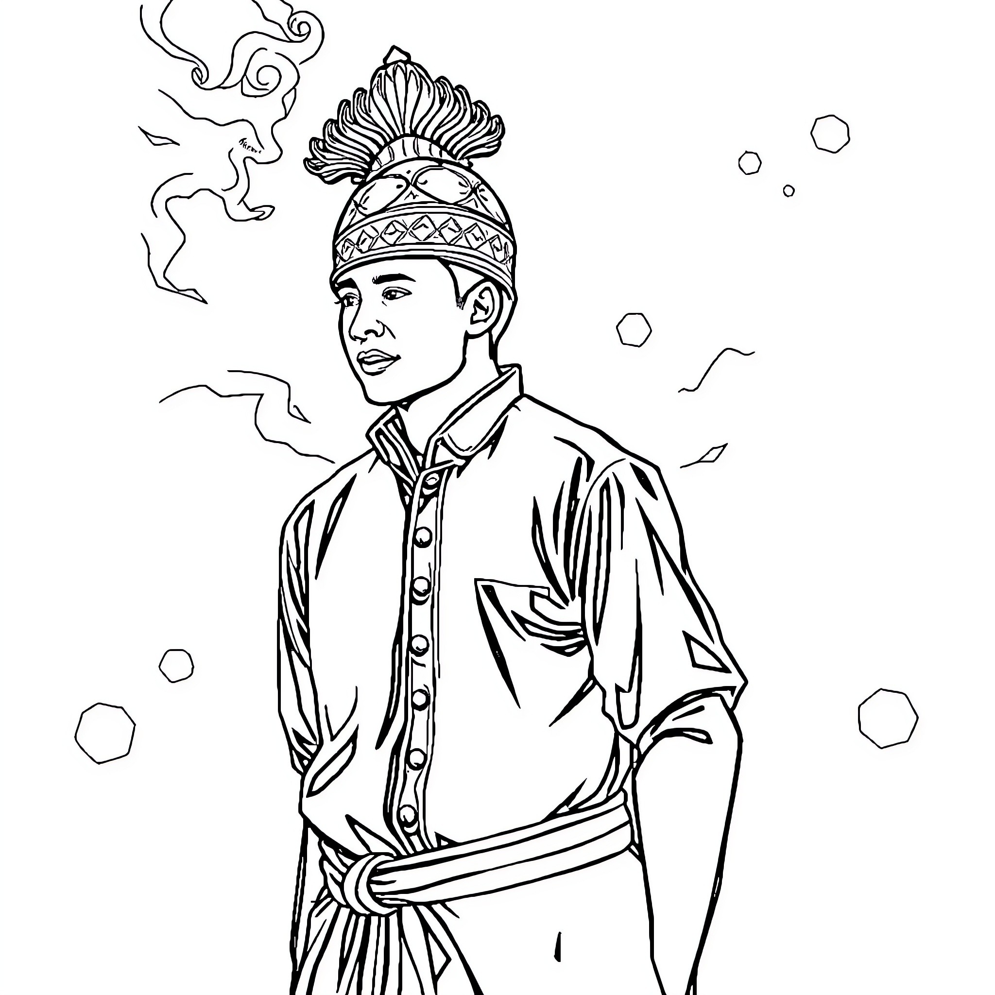 Bear wearing traditional headpiece and formal attire Coloring Page (free black-and-white line drawing printable PDF for all, from beginners to advanced learners, including children, teens, adults, and seniors)