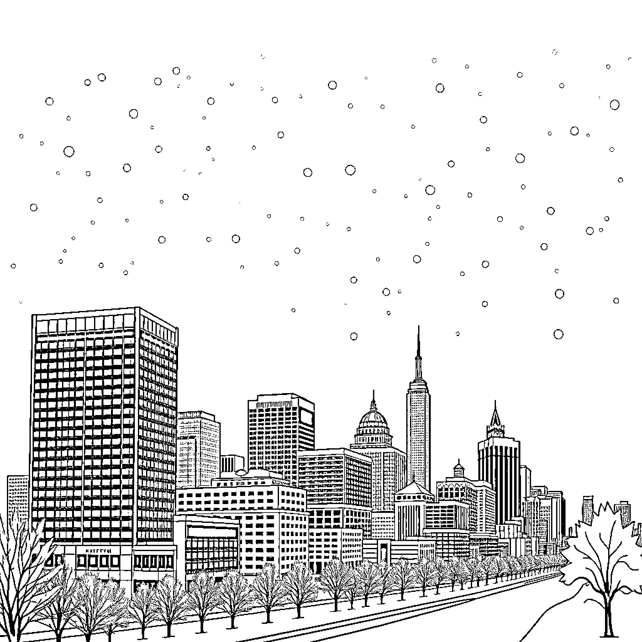 Buffalo cityscape with snowy winter scenery Coloring Page (free black-and-white line drawing printable PDF for all, from beginners to advanced learners, including children, teens, adults, and seniors)