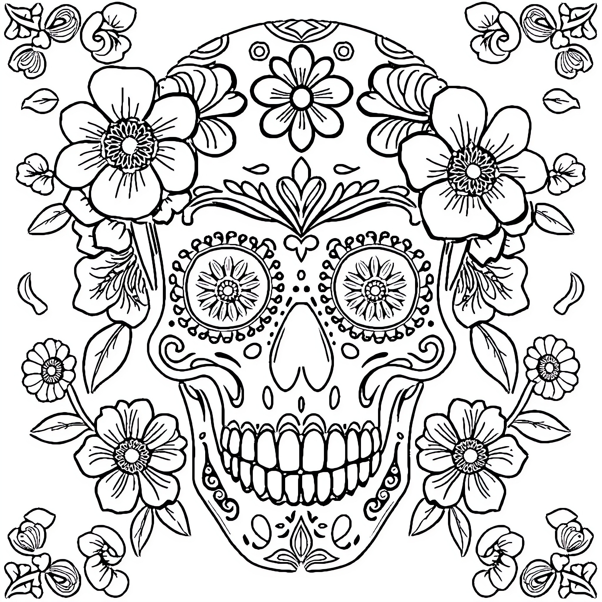 Skull with Ornate Floral Designs Coloring Page (free black-and-white line drawing printable PDF for all, from beginners to advanced learners, including children, teens, adults, and seniors)