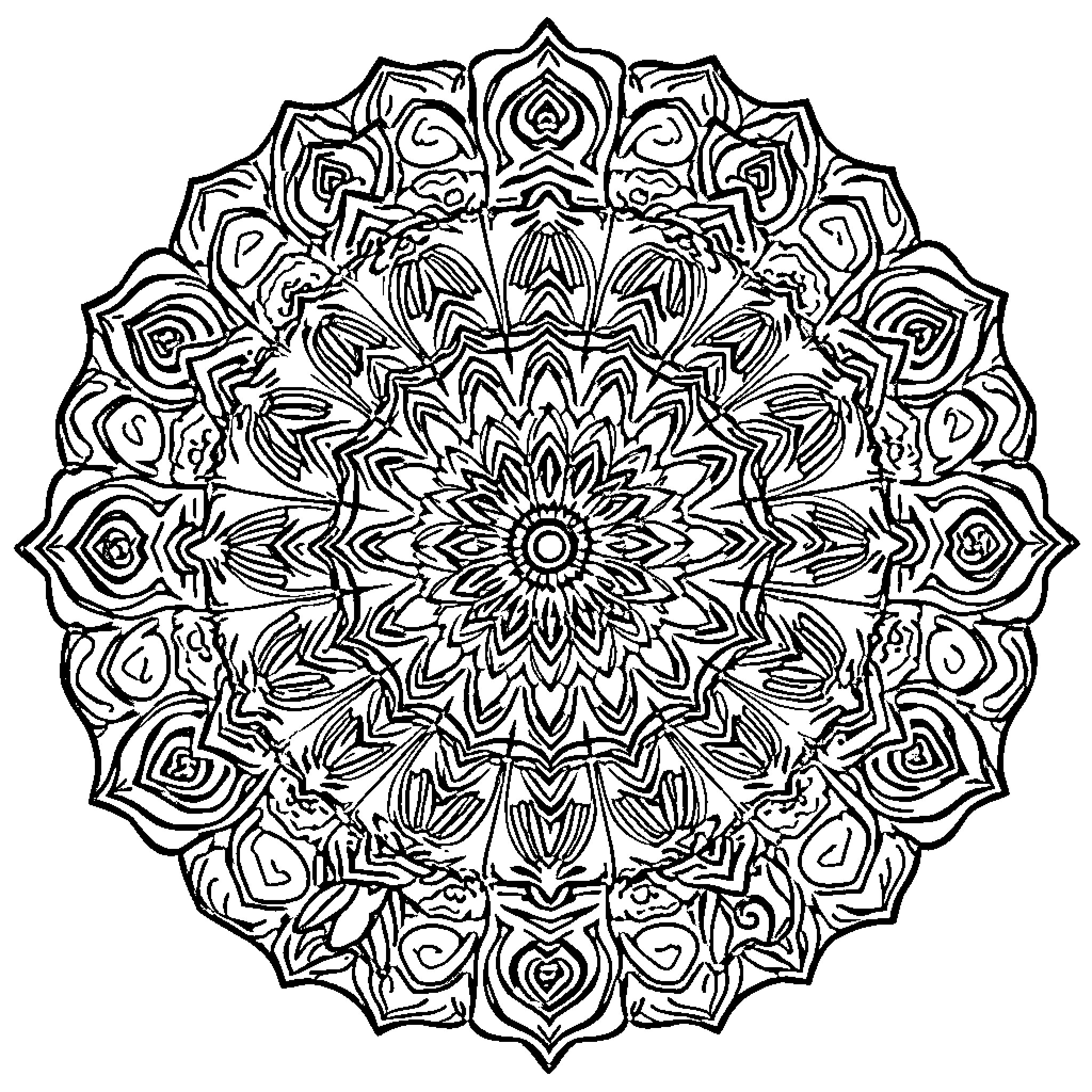 Mandala of intricate floral patterns and symmetry Coloring Page (free black-and-white line drawing printable PDF for all, from beginners to advanced learners, including children, teens, adults, and seniors)