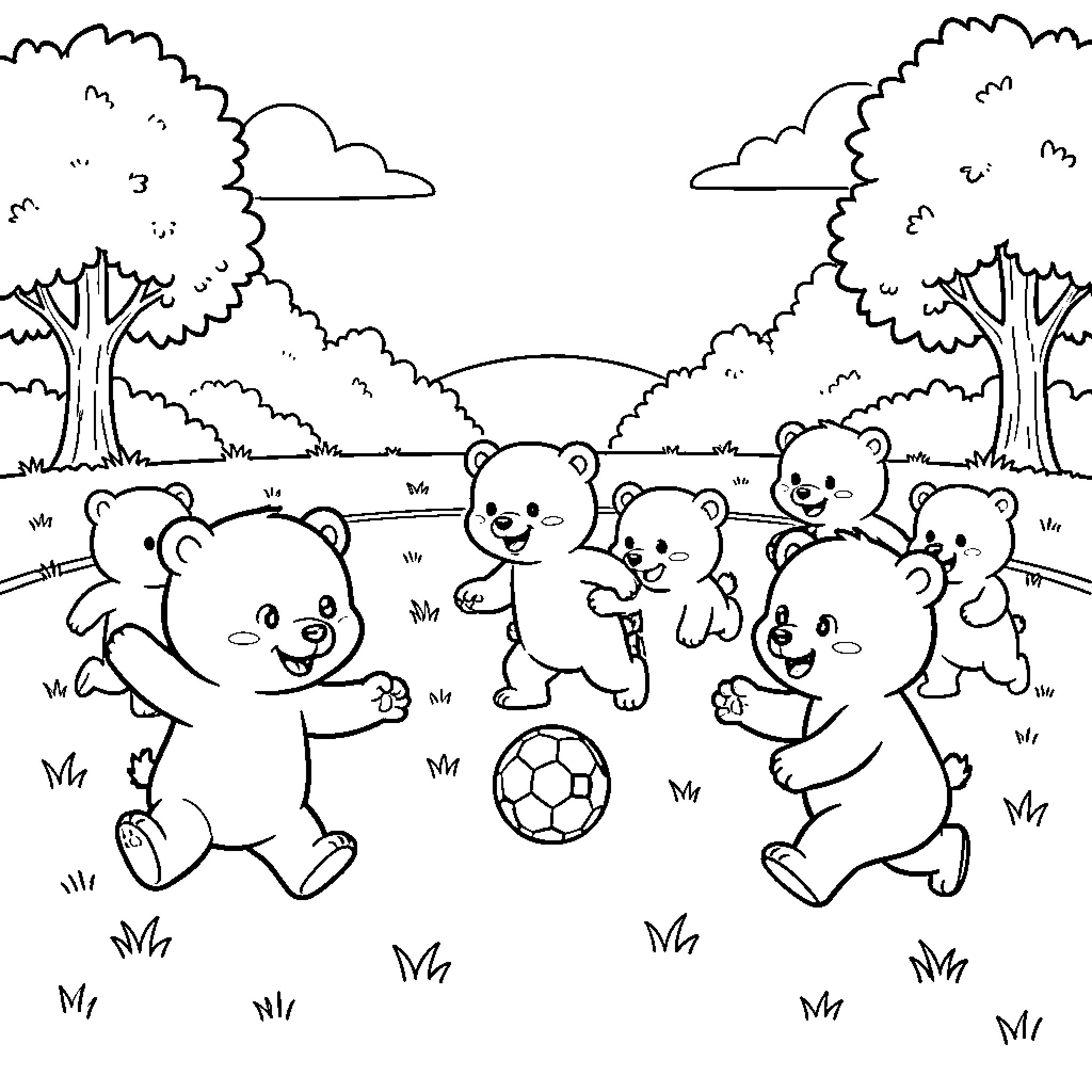 Bear cubs playing happily with a soccer ball in the park Coloring Page (free black-and-white line drawing printable PDF for all, from beginners to advanced learners, including children, teens, adults, and seniors)