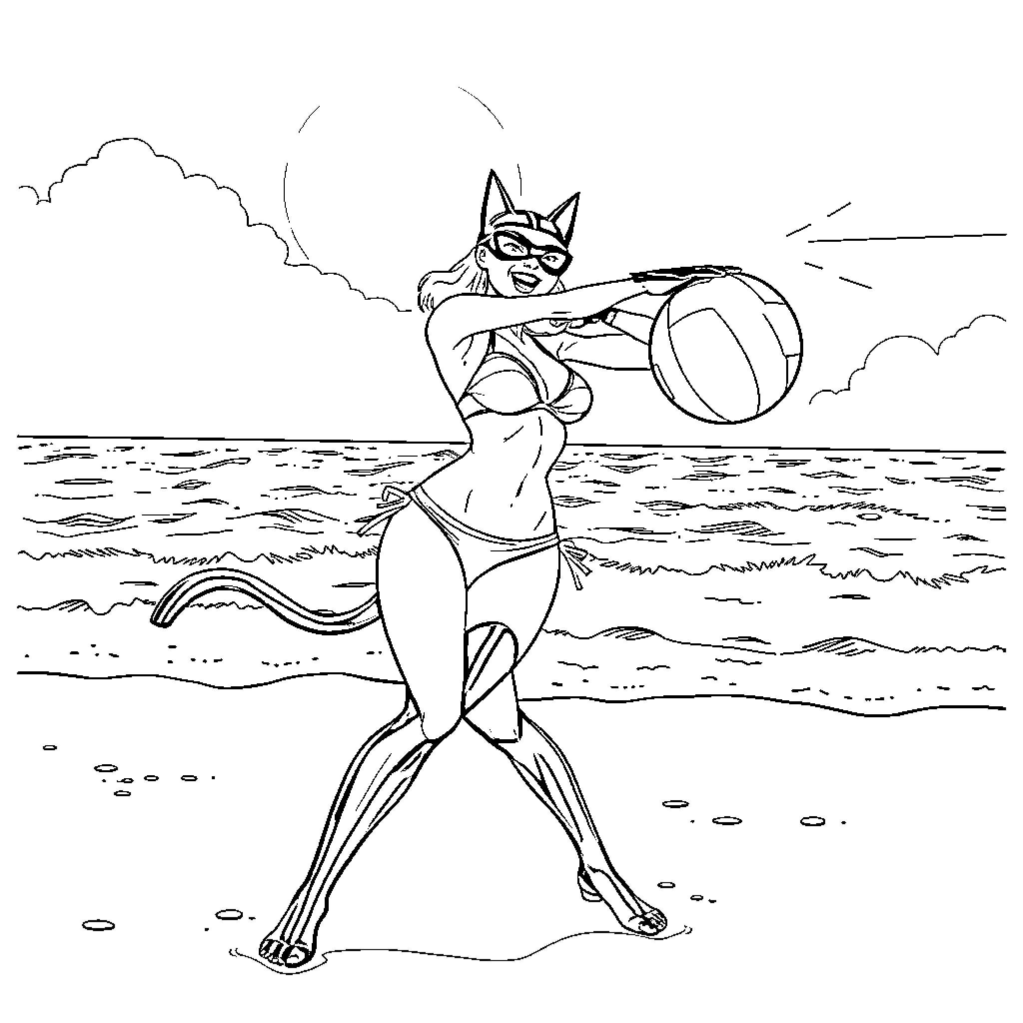 Cat Woman playing volleyball at the beach Coloring Page (free black-and-white line drawing printable PDF for all, from beginners to advanced learners, including children, teens, adults, and seniors)