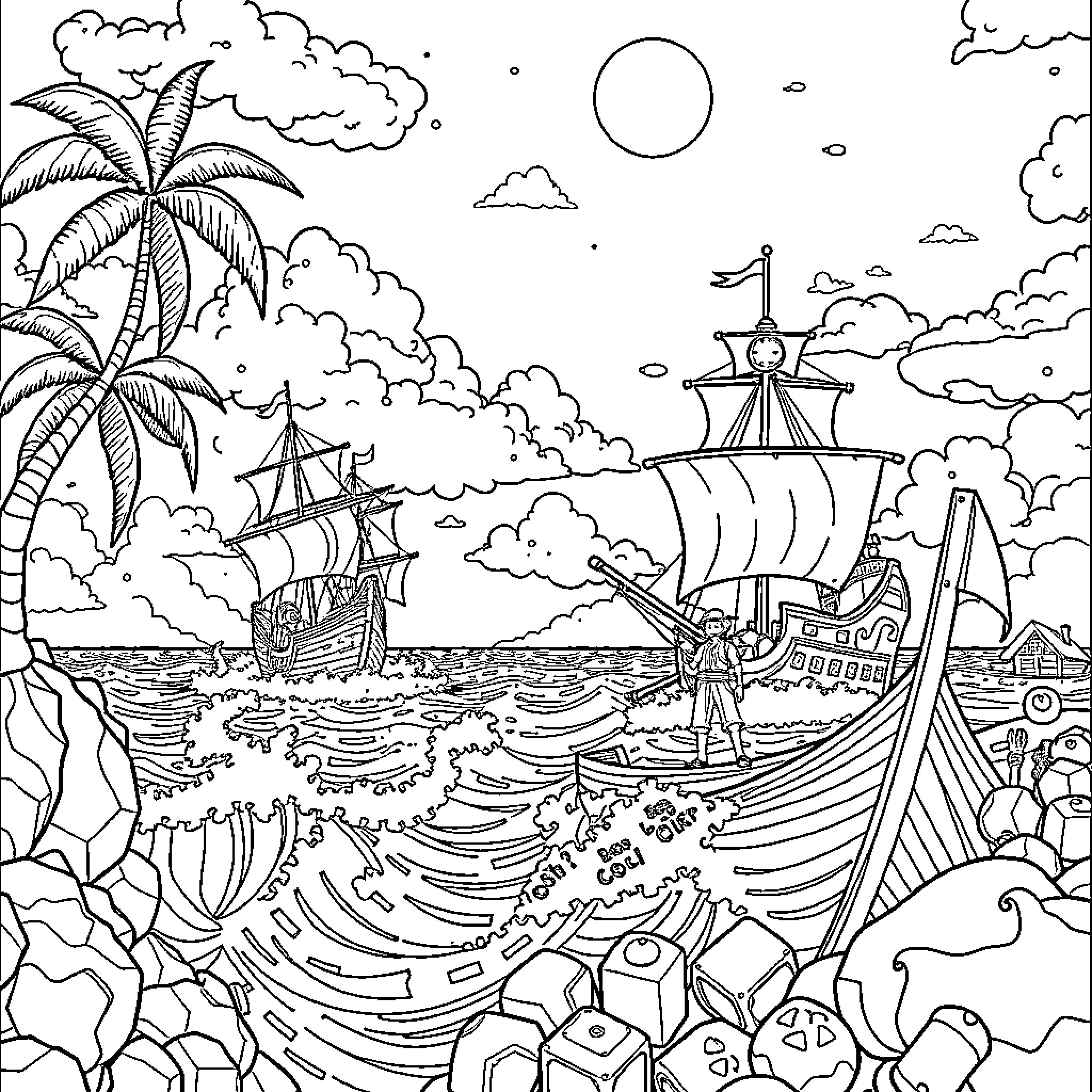 One Piece - Pirate ships sailing the high seas Coloring Page (free black-and-white line drawing printable PDF for all, from beginners to advanced learners, including children, teens, adults, and seniors)