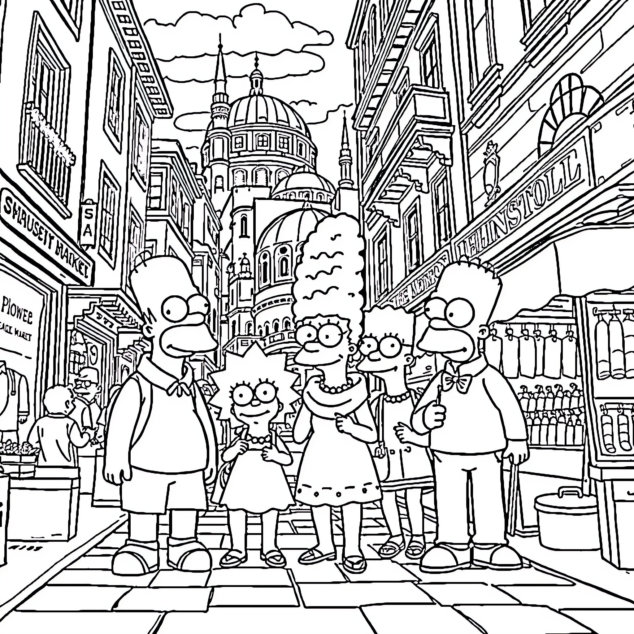 Simpson family exploring bustling city streets Coloring Page (free black-and-white line drawing printable PDF for all, from beginners to advanced learners, including children, teens, adults, and seniors)
