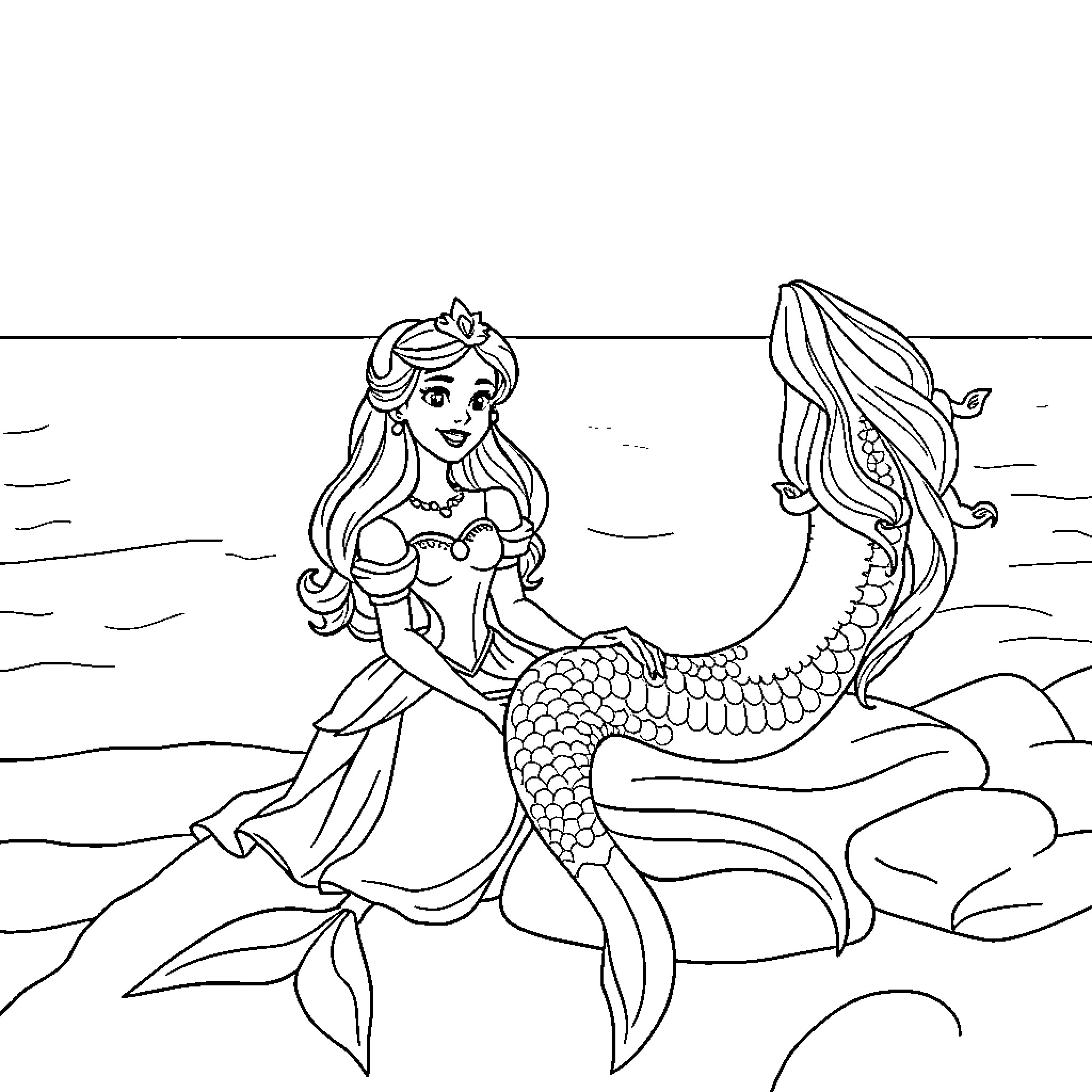 Princess Mermaid Exploring the Underwater World Coloring Page (free black-and-white line drawing printable PDF for all, from beginners to advanced learners, including children, teens, adults, and seniors)