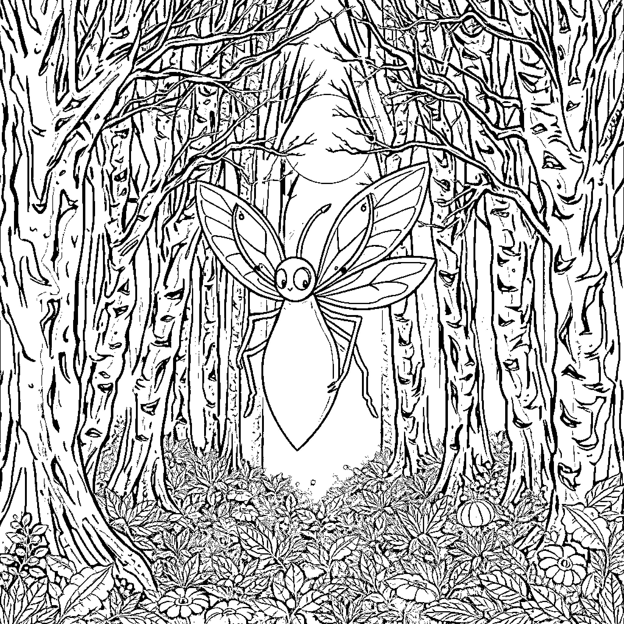 Pumpkin Fairy in Enchanted Forest Coloring Page (free black-and-white line drawing printable PDF for all, from beginners to advanced learners, including children, teens, adults, and seniors)