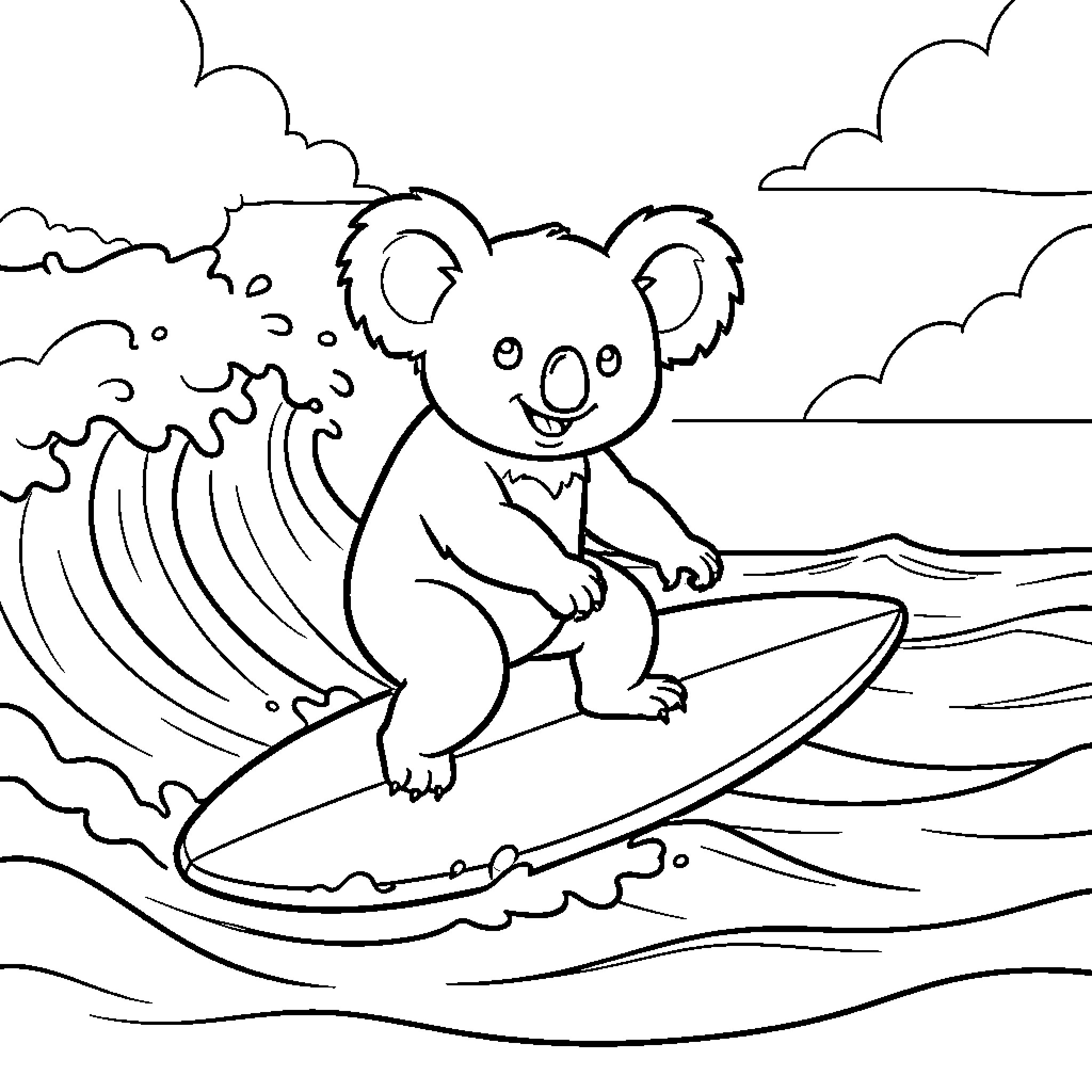 Koala surfing on a large ocean wave Coloring Page (free black-and-white line drawing printable PDF for all, from beginners to advanced learners, including children, teens, adults, and seniors)