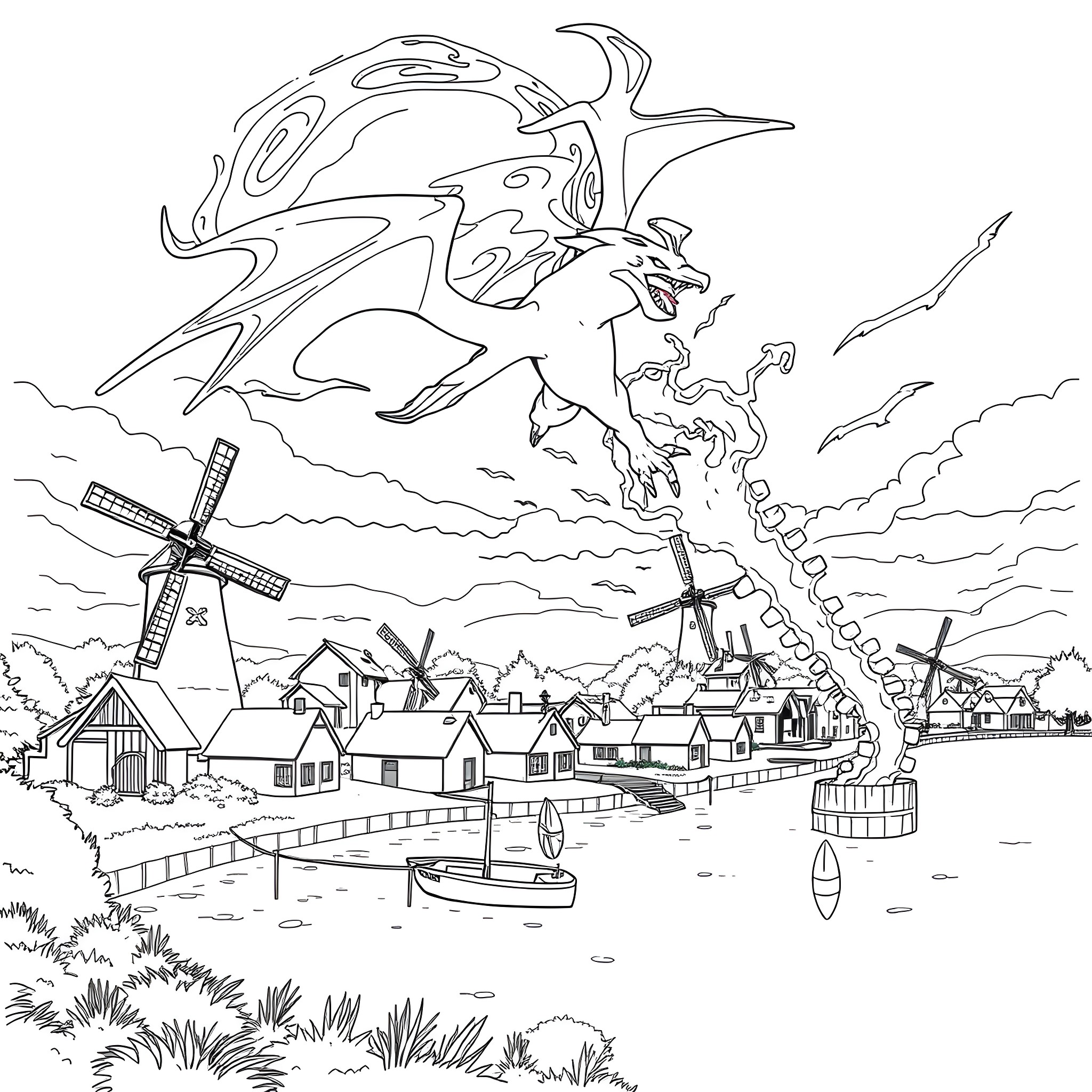 Rayquaza soaring over a scenic windmill village Coloring Page (free black-and-white line drawing printable PDF for all, from beginners to advanced learners, including children, teens, adults, and seniors)