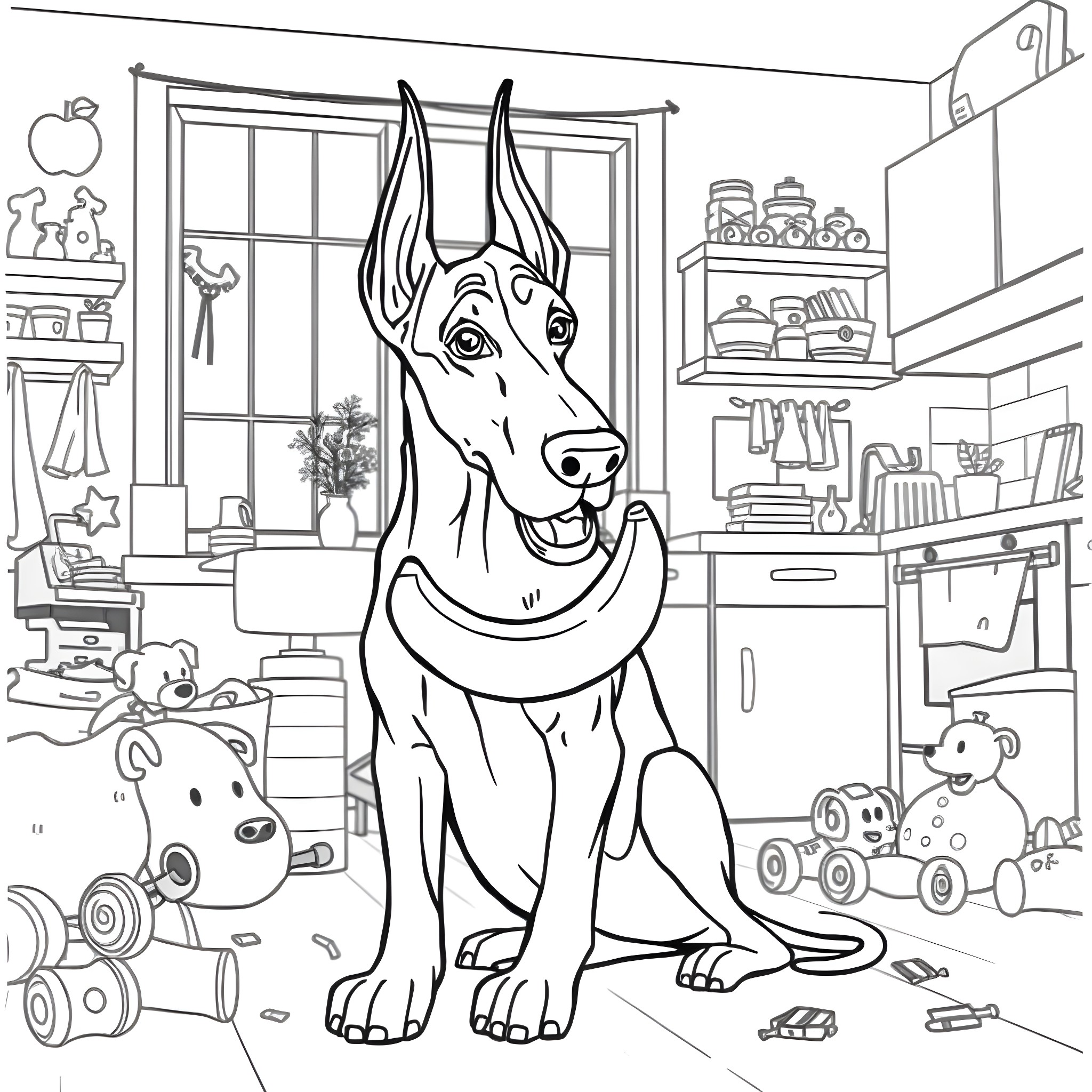 Doberman sitting happily in a messy room Coloring Page (free black-and-white line drawing printable PDF for all, from beginners to advanced learners, including children, teens, adults, and seniors)