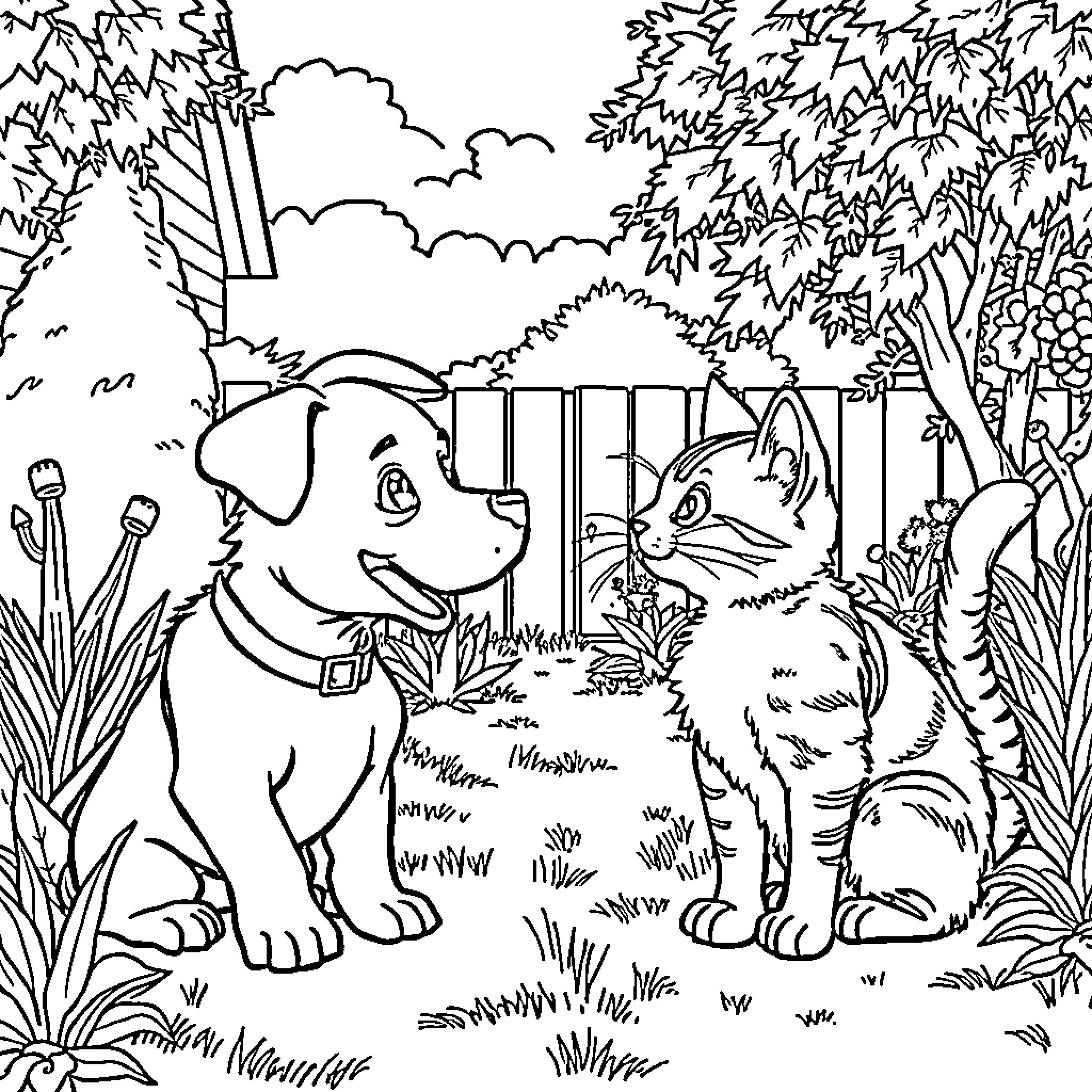 Dog and cat exploring the lush forest together Coloring Page (free black-and-white line drawing printable PDF for all, from beginners to advanced learners, including children, teens, adults, and seniors)