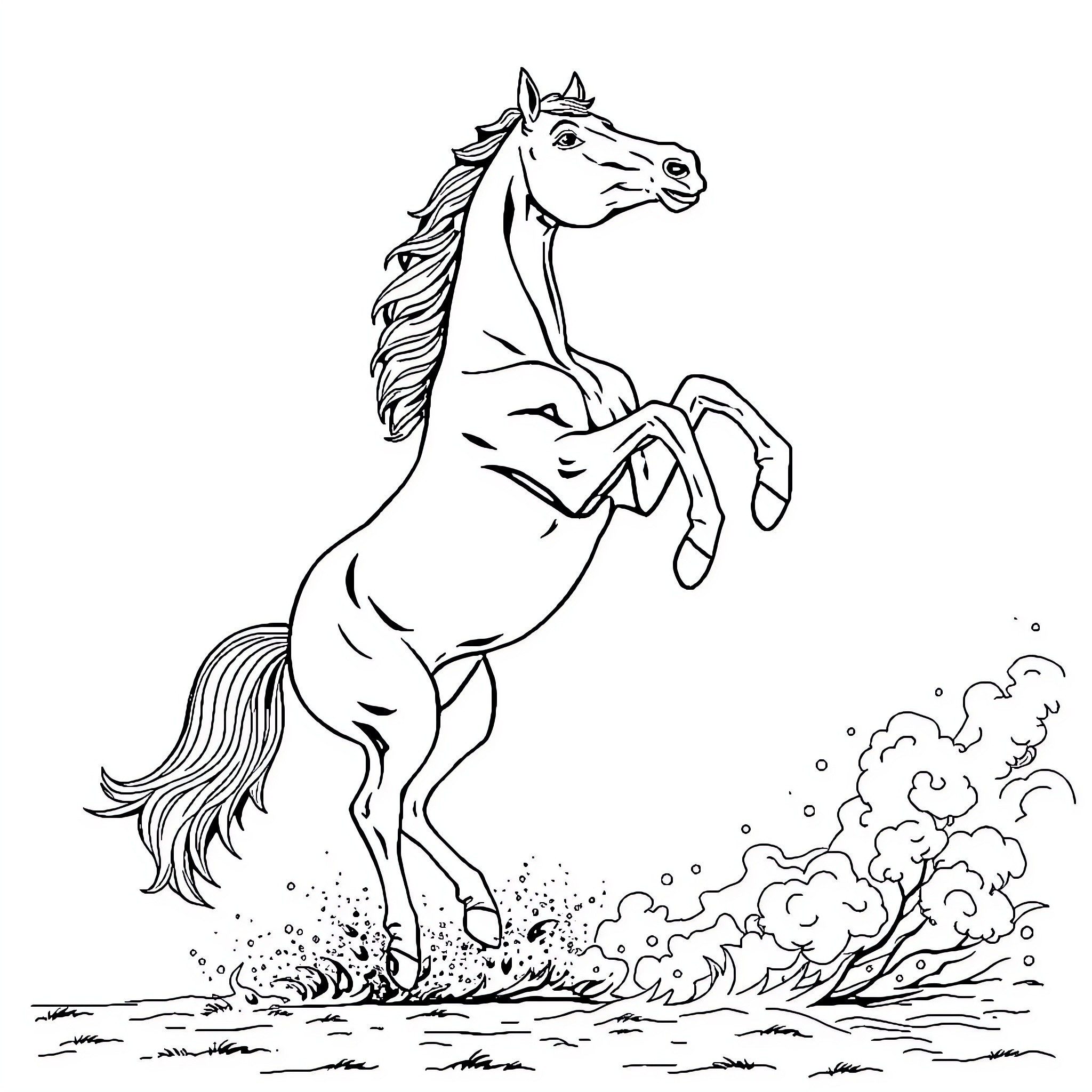 Horse rearing in excitement on dusty terrain Coloring Page (free black-and-white line drawing printable PDF for all, from beginners to advanced learners, including children, teens, adults, and seniors)