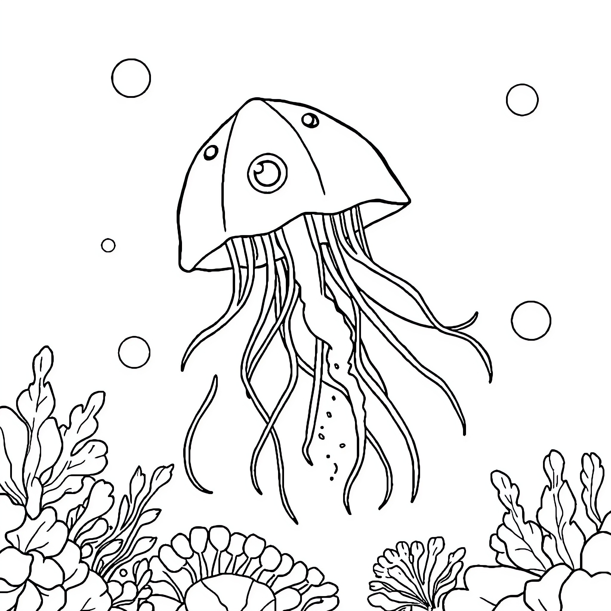 Jellyfish swimming gracefully among coral reefs Coloring Page (free black-and-white line drawing printable PDF for all, from beginners to advanced learners, including children, teens, adults, and seniors)
