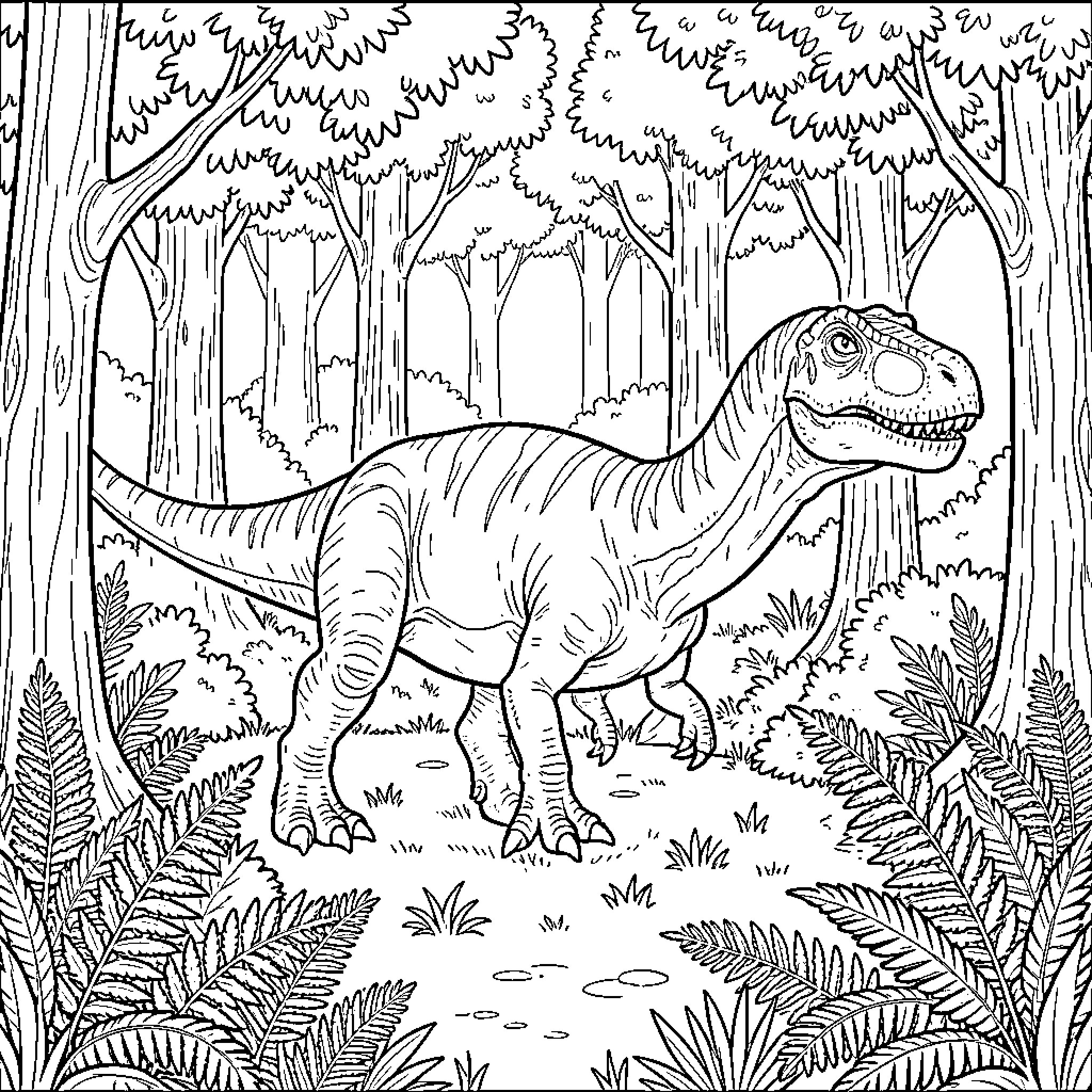 Dinosaur walking through a lush prehistoric forest Coloring Page (free black-and-white line drawing printable PDF for all, from beginners to advanced learners, including children, teens, adults, and seniors)