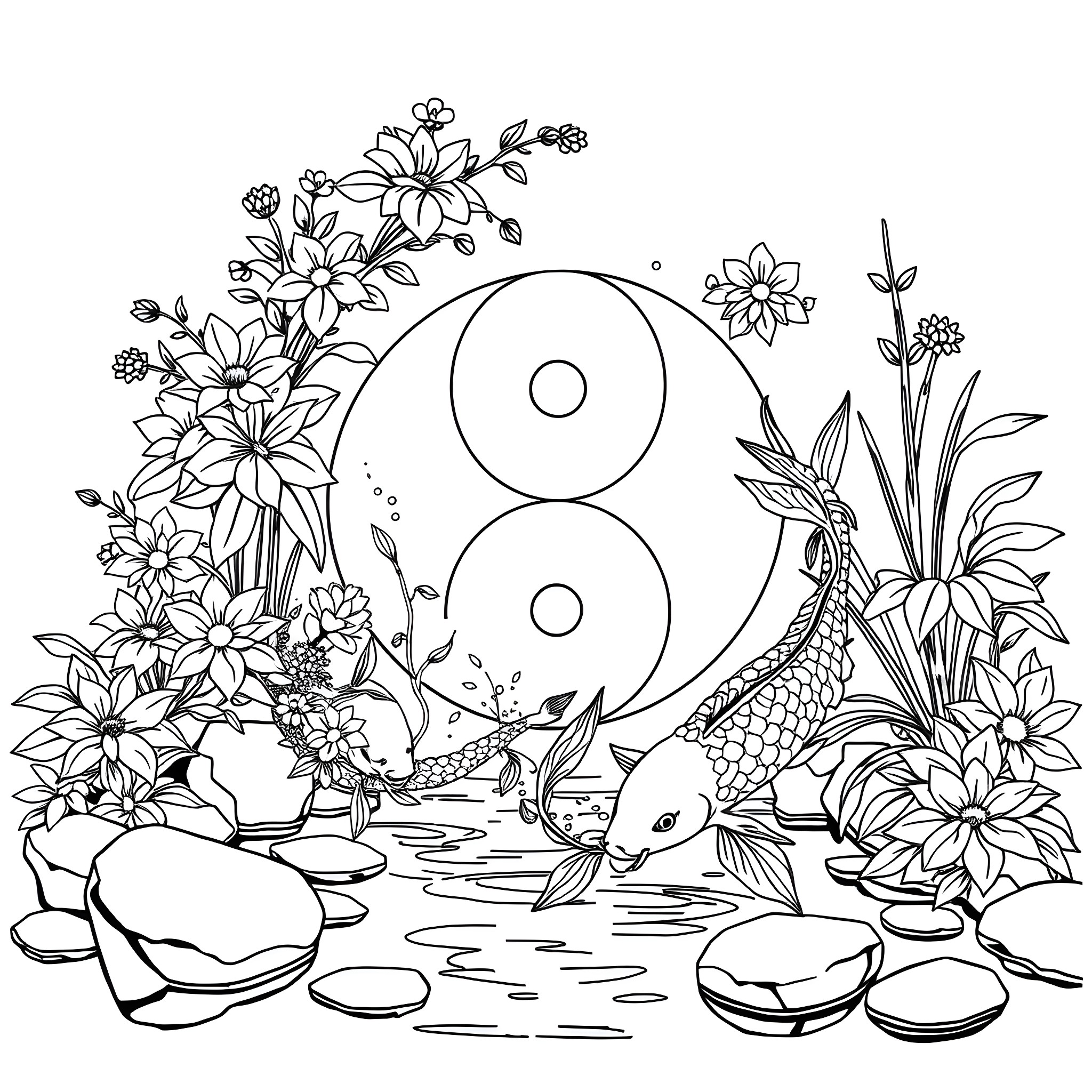 Yin Yang Harmony in Floral Garden Coloring Page (free black-and-white line drawing printable PDF for all, from beginners to advanced learners, including children, teens, adults, and seniors)