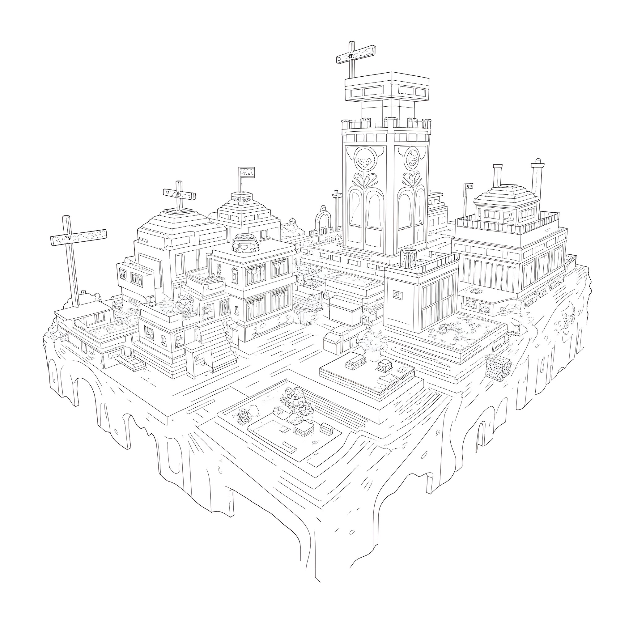 Radnor's Fantastical Architecture Adventure Coloring Page (free black-and-white line drawing printable PDF for all, from beginners to advanced learners, including children, teens, adults, and seniors)