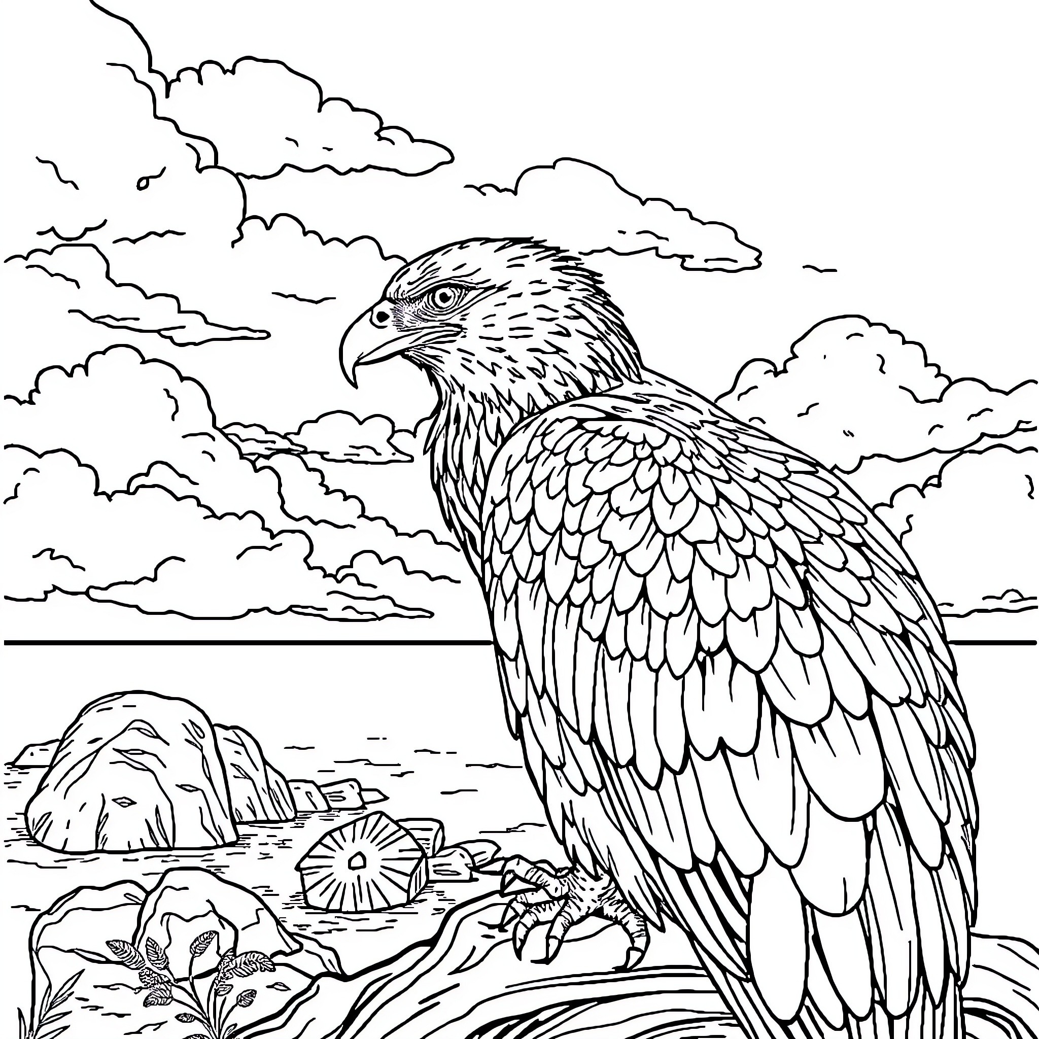 Eagle soaring over a rocky coastal landscape Coloring Page (free black-and-white line drawing printable PDF for all, from beginners to advanced learners, including children, teens, adults, and seniors)