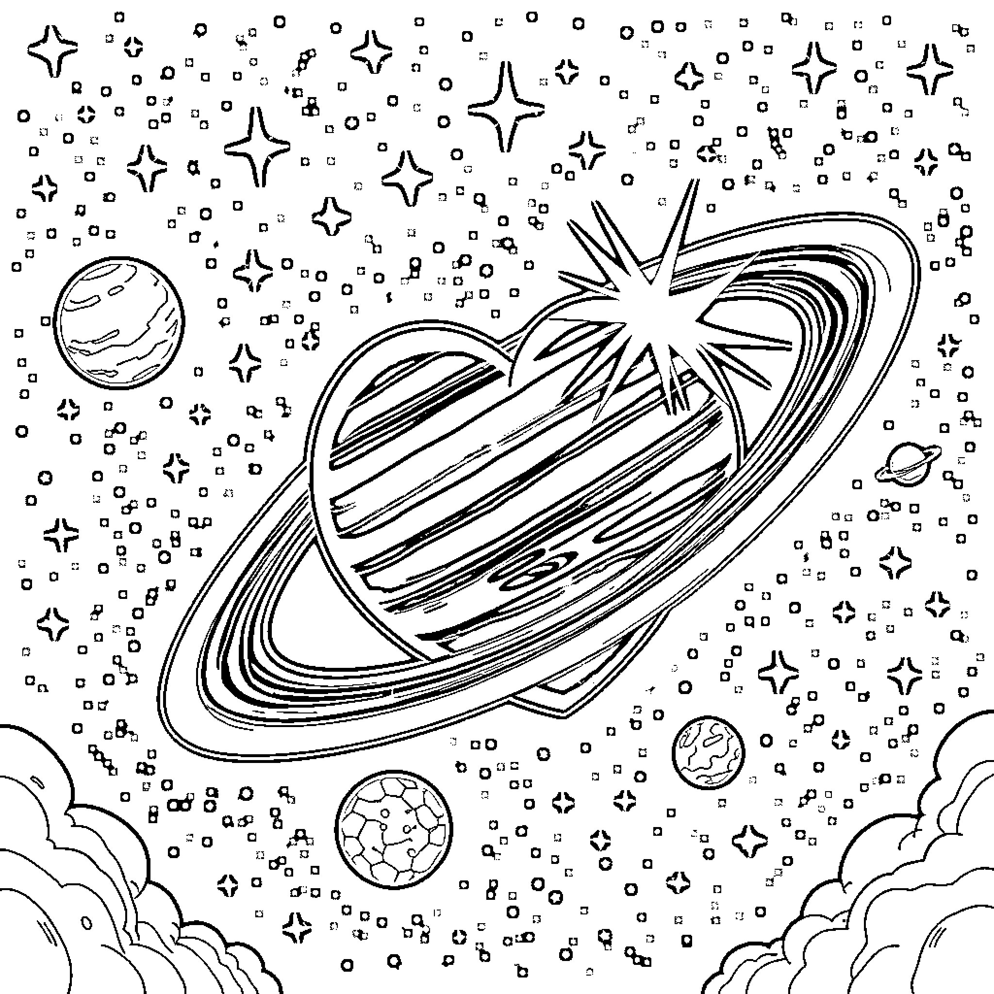 Heart of Cosmic Wonders Coloring Page (free black-and-white line drawing printable PDF for all, from beginners to advanced learners, including children, teens, adults, and seniors)