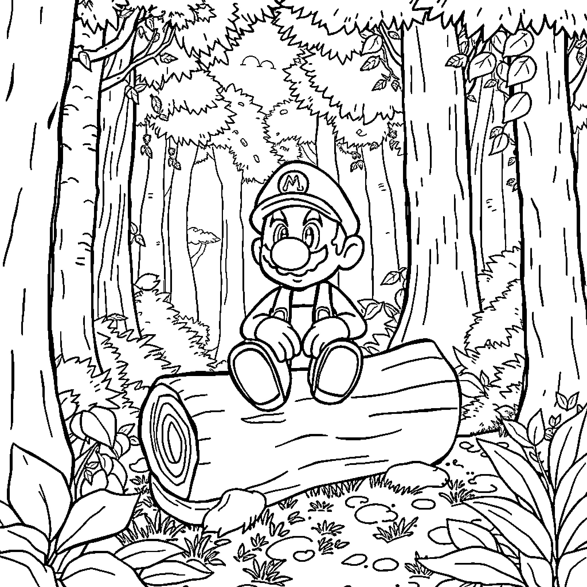 Mario exploring the enchanted forest Coloring Page (free black-and-white line drawing printable PDF for all, from beginners to advanced learners, including children, teens, adults, and seniors)