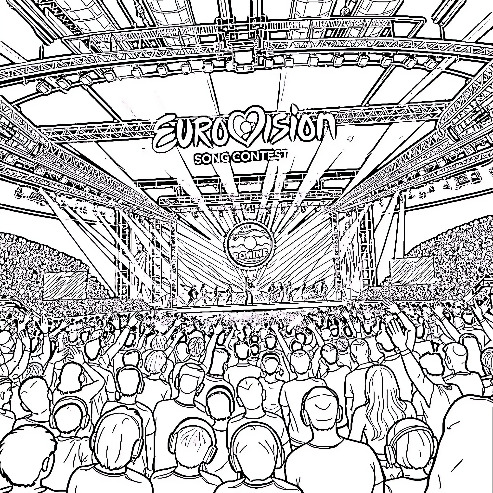 Eurovision Song Contest stage and audience Coloring Page (free black-and-white line drawing printable PDF for all, from beginners to advanced learners, including children, teens, adults, and seniors)