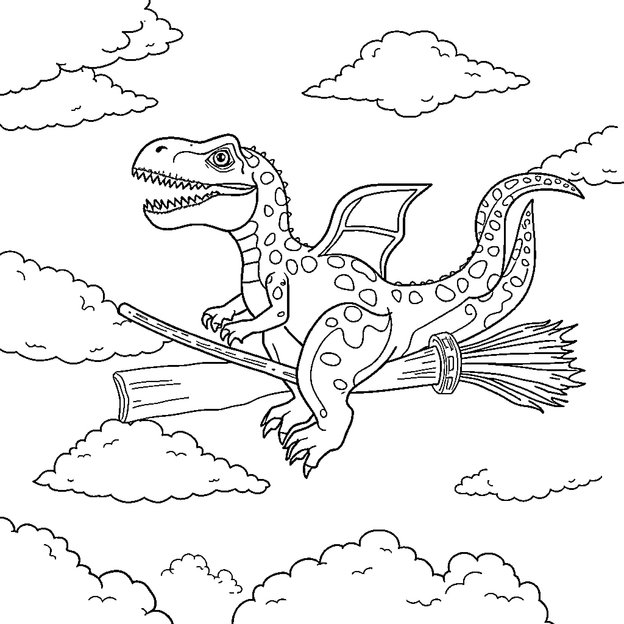 Dinosaur riding a broom in the sky Coloring Page (free black-and-white line drawing printable PDF for all, from beginners to advanced learners, including children, teens, adults, and seniors)