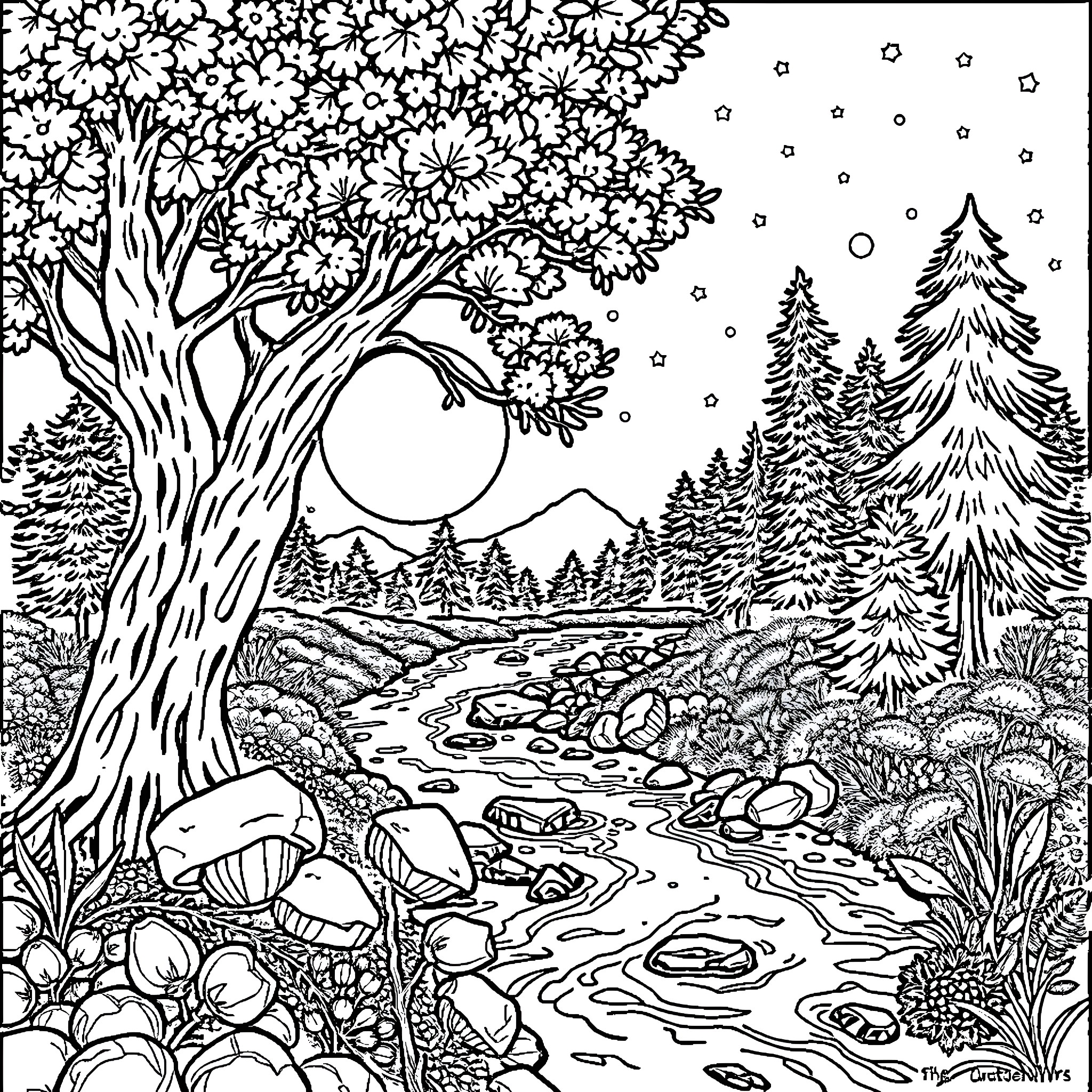Animism: Winter Woodland Wonderland Coloring Page (free black-and-white line drawing printable PDF for all, from beginners to advanced learners, including children, teens, adults, and seniors)