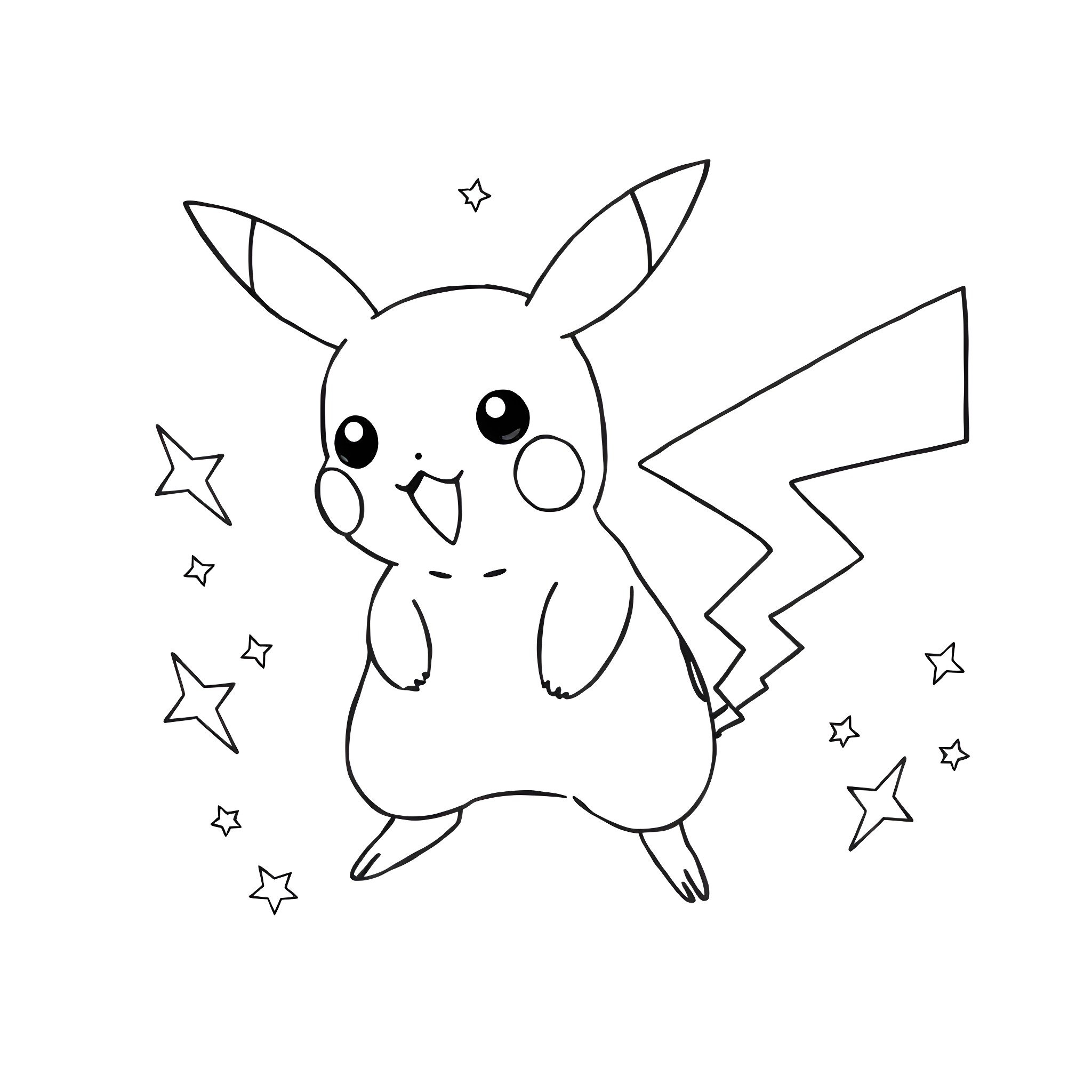Pikachu celebrating with stars Coloring Page (free black-and-white line drawing printable PDF for all, from beginners to advanced learners, including children, teens, adults, and seniors)