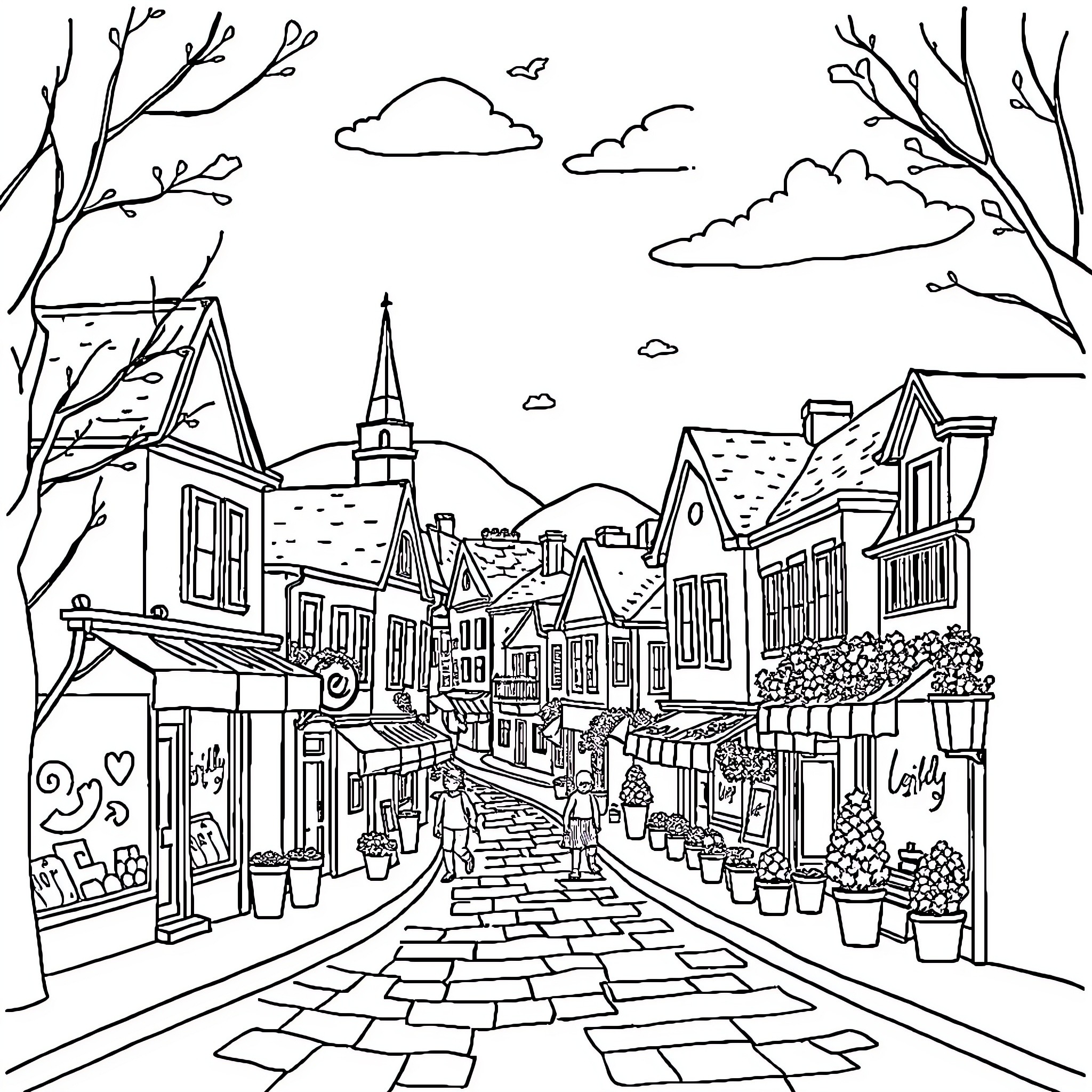 City street with shops, houses, and a church in the distance Coloring Page (free black-and-white line drawing printable PDF for all, from beginners to advanced learners, including children, teens, adults, and seniors)