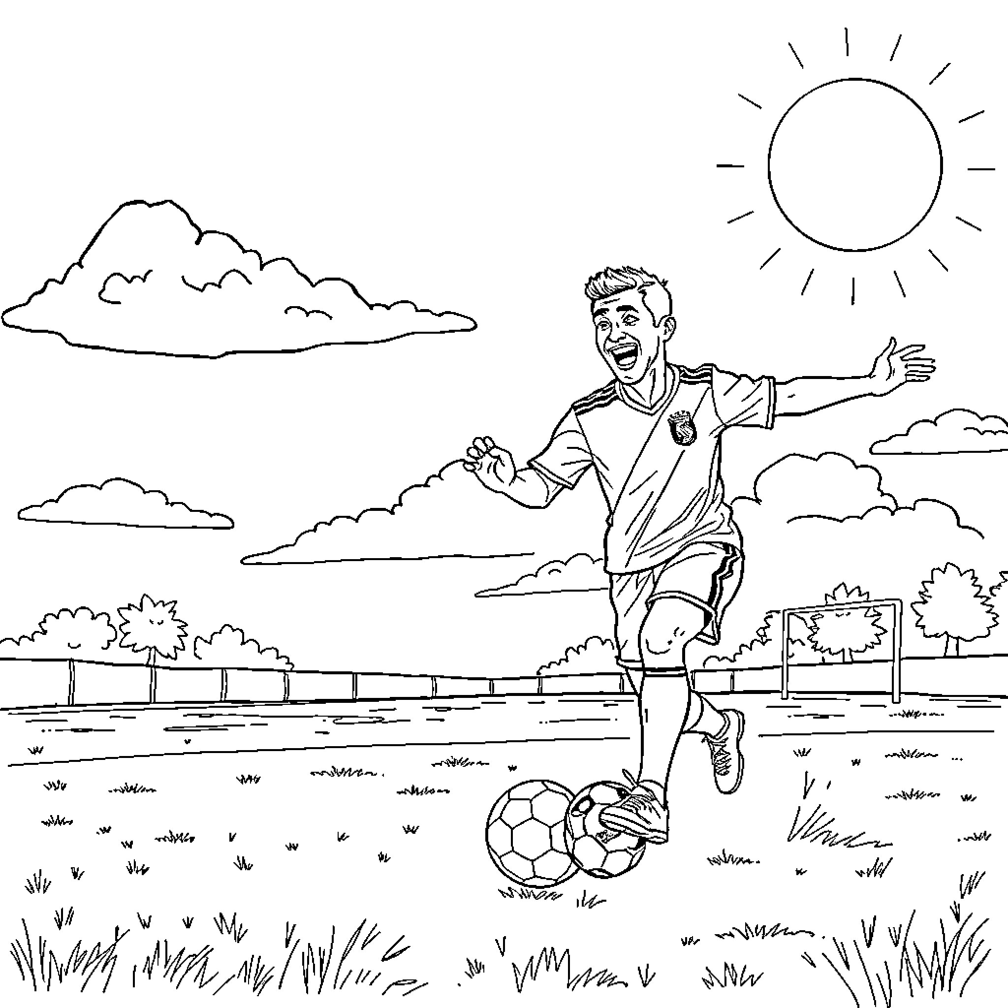 Soccer player celebrating victory on field Coloring Page (free black-and-white line drawing printable PDF for all, from beginners to advanced learners, including children, teens, adults, and seniors)