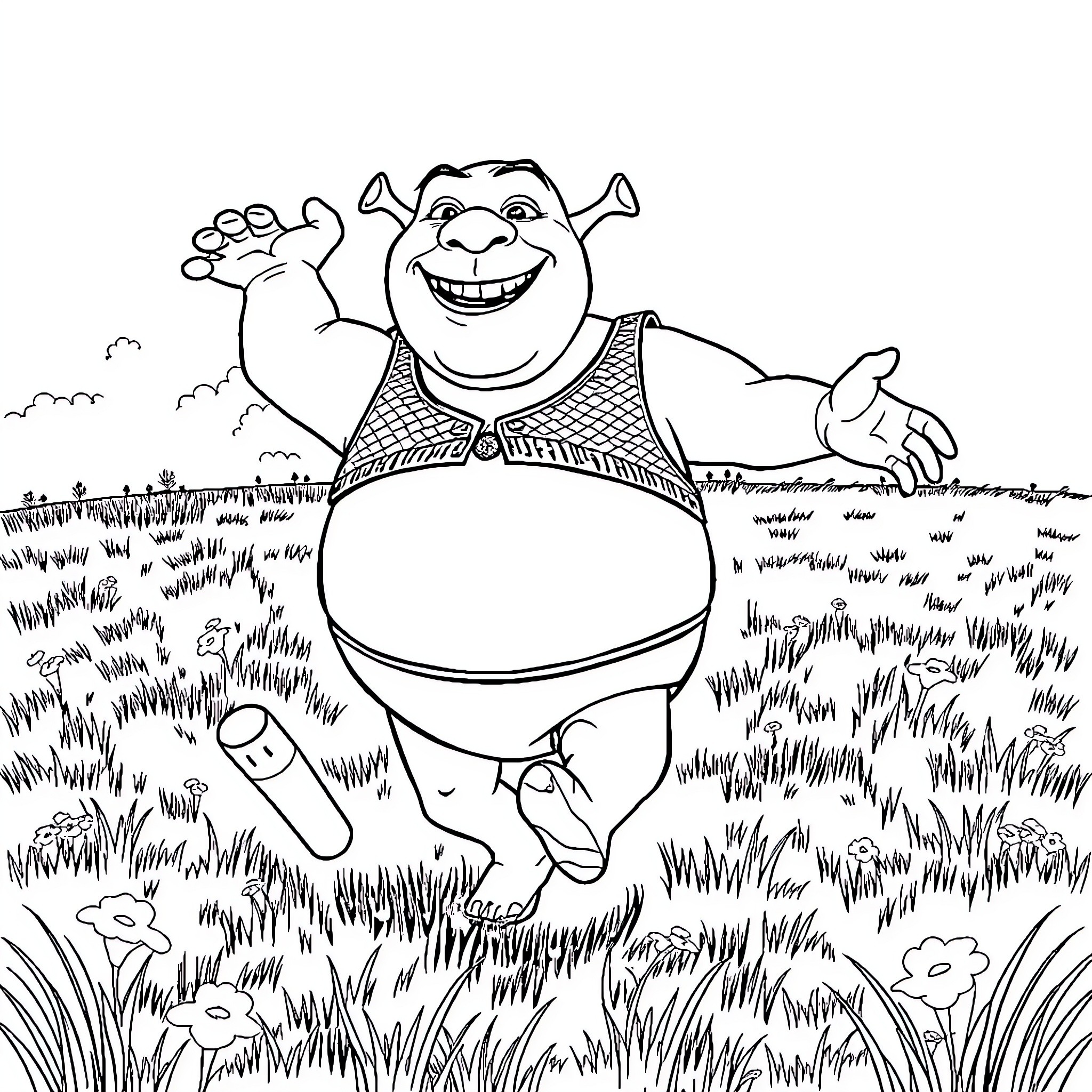 Shrek happily running in a grassy field Coloring Page (free black-and-white line drawing printable PDF for all, from beginners to advanced learners, including children, teens, adults, and seniors)